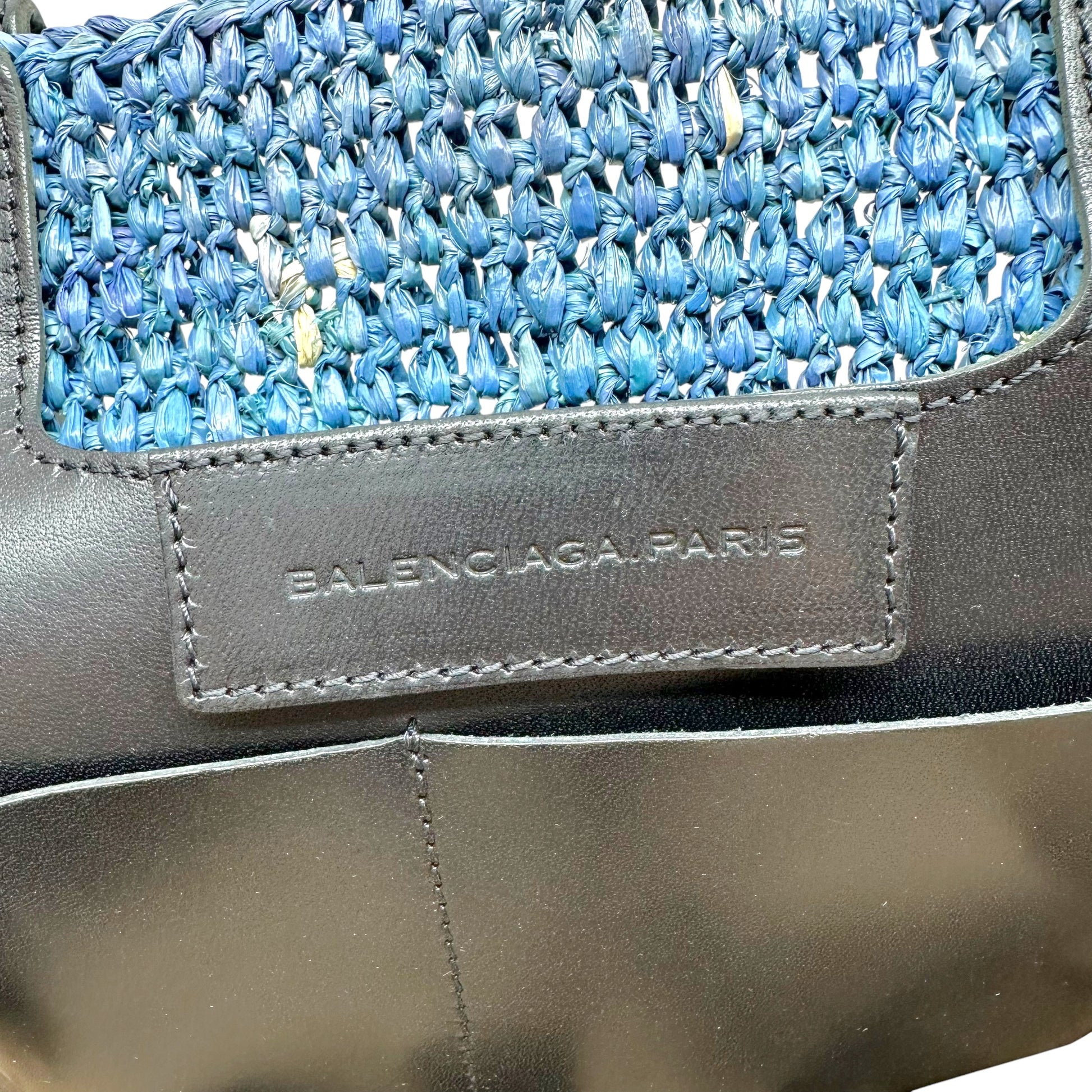 Balenciaga Large 2-Way City Beach Bag Blue Raffia Black Leather