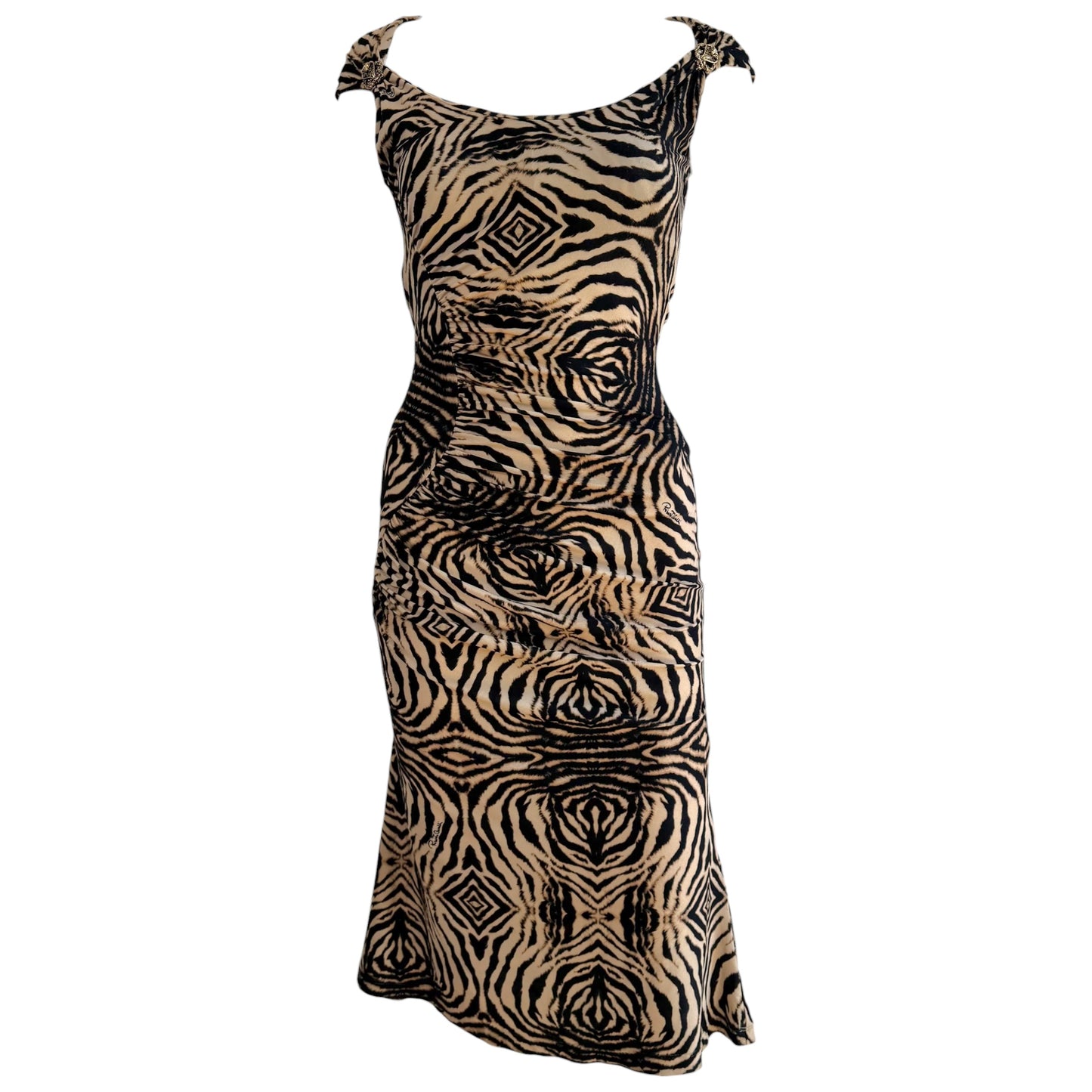 Roberto Cavalli 2006 Tan & Black Zebra Print Midi Dress