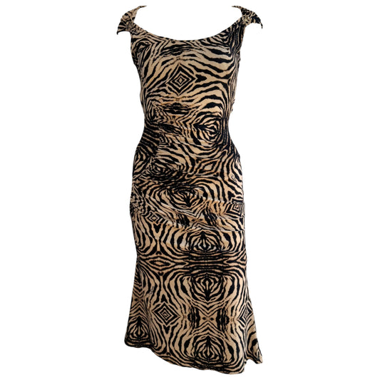 Roberto Cavalli 2006 Tan & Black Zebra Print Midi Dress