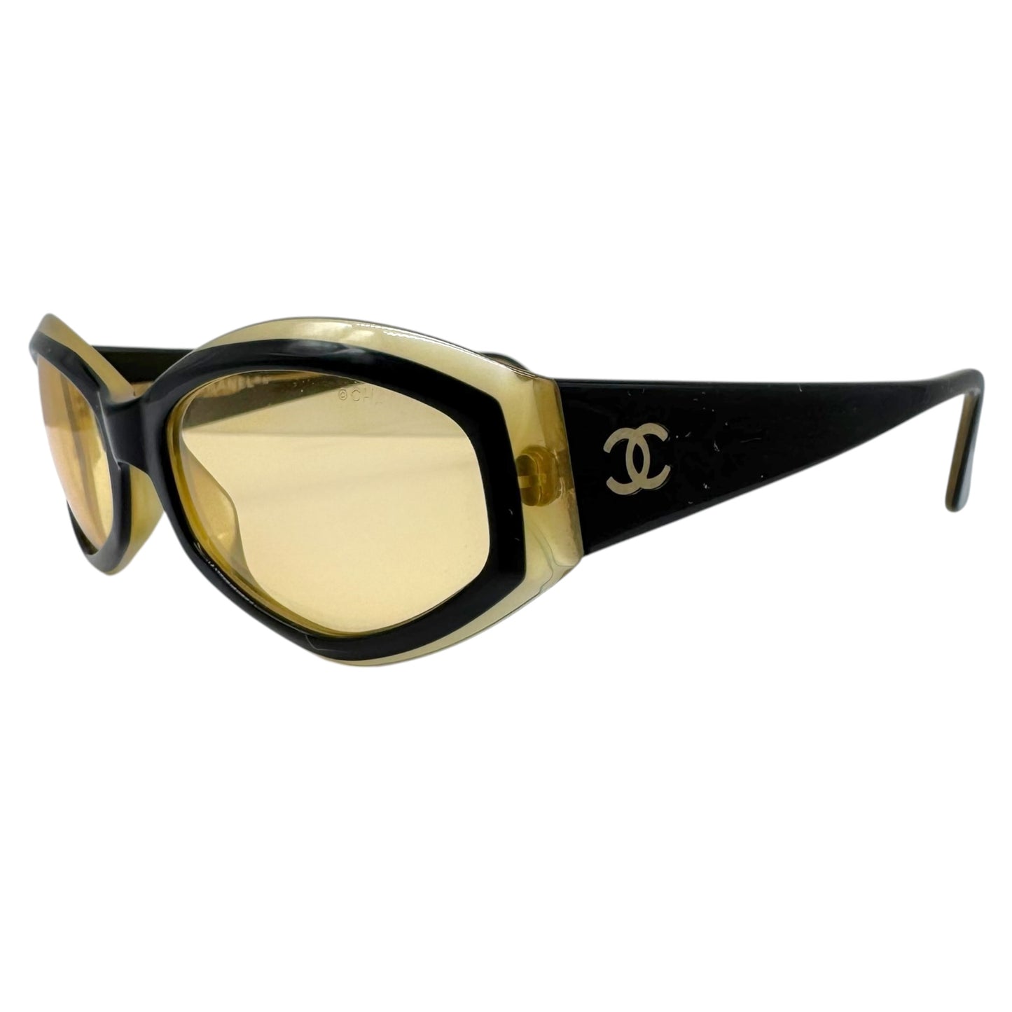 Chanel Oval Sunglasses Black Yellow Logo Arms