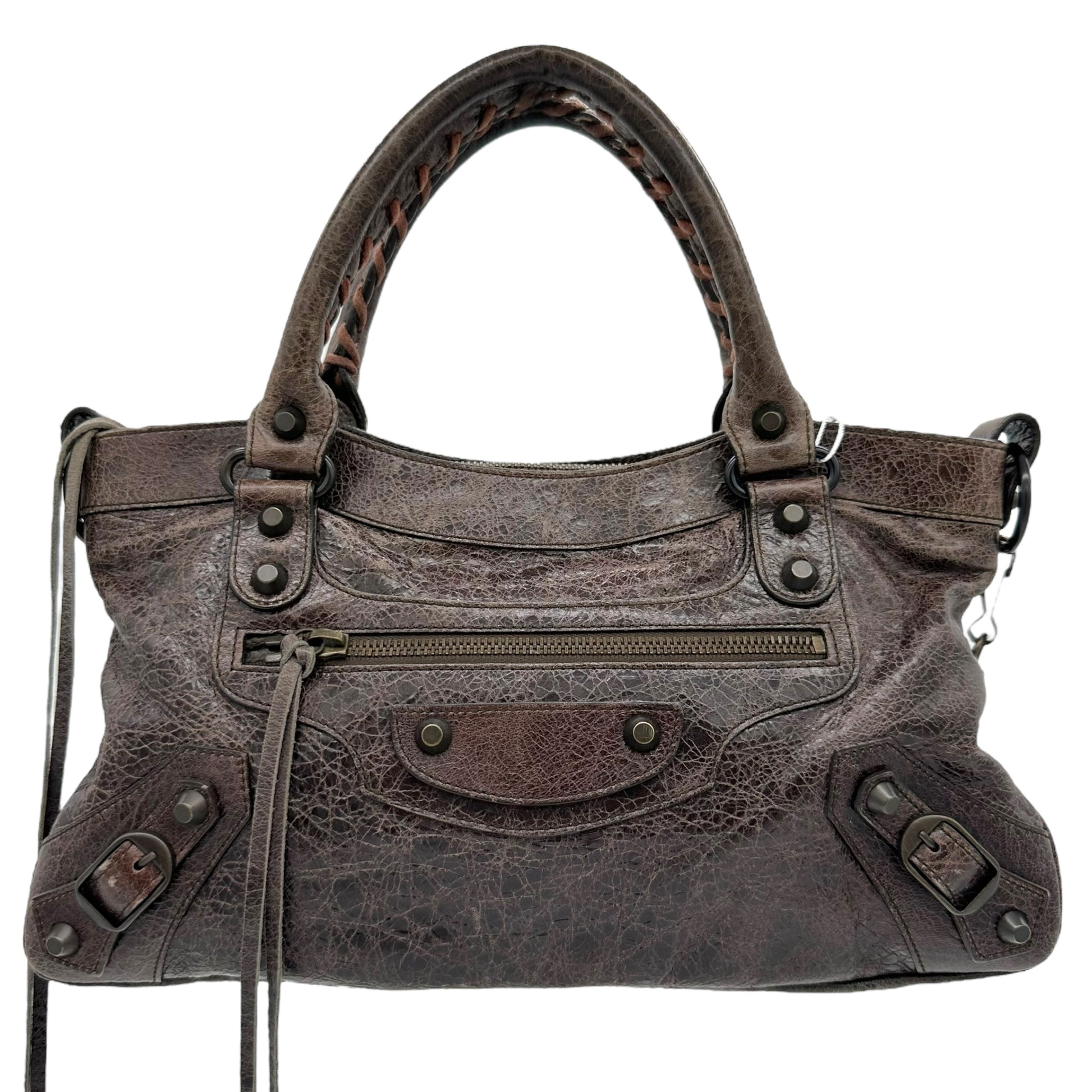 Balenciaga Small Brown Distressed Leather City Bag - Outfit Repeater