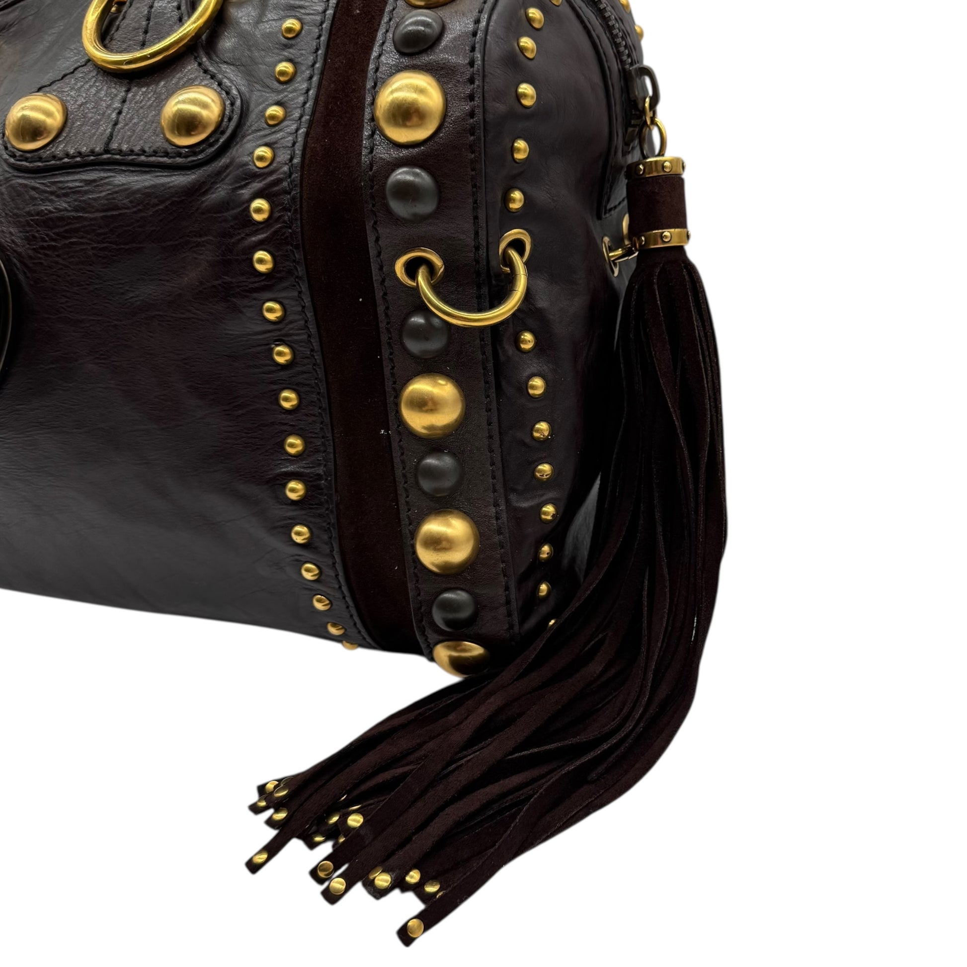 Gucci Babouska Brown Leather & Suede Studded Boston Bag - Outfit Repeater