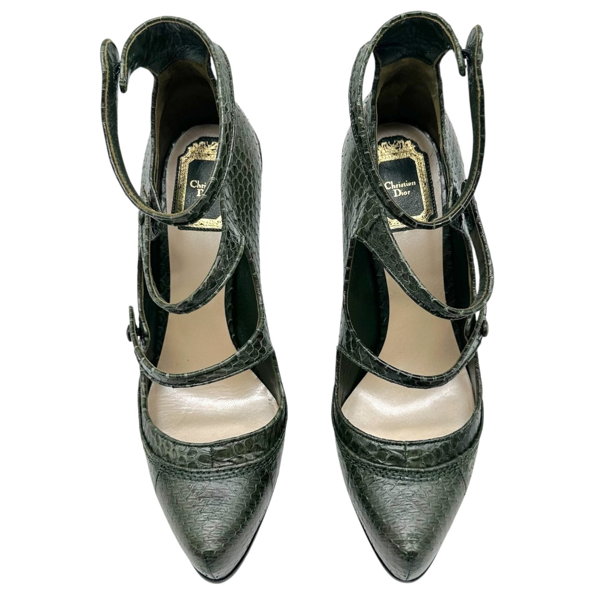 Christian Dior Forest Green Python Multi-Strap Platform Pumps