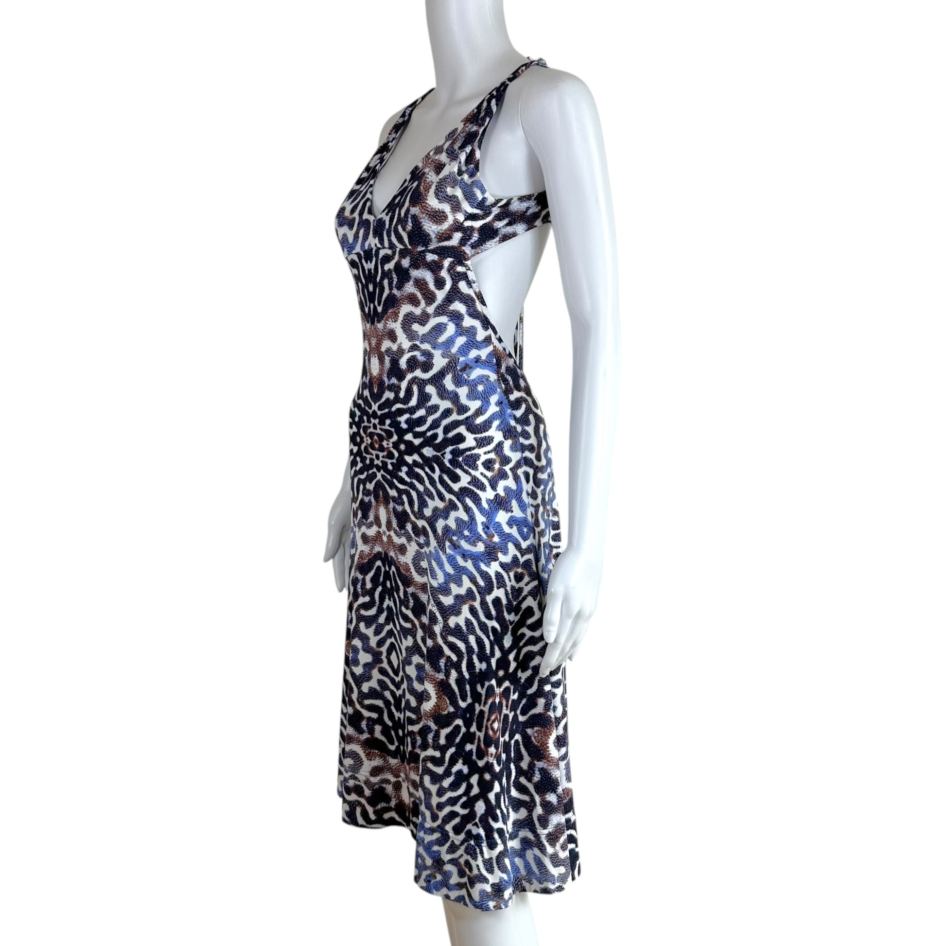 Roberto Cavalli Blue Brown Swirl Print Backless Midi Dress