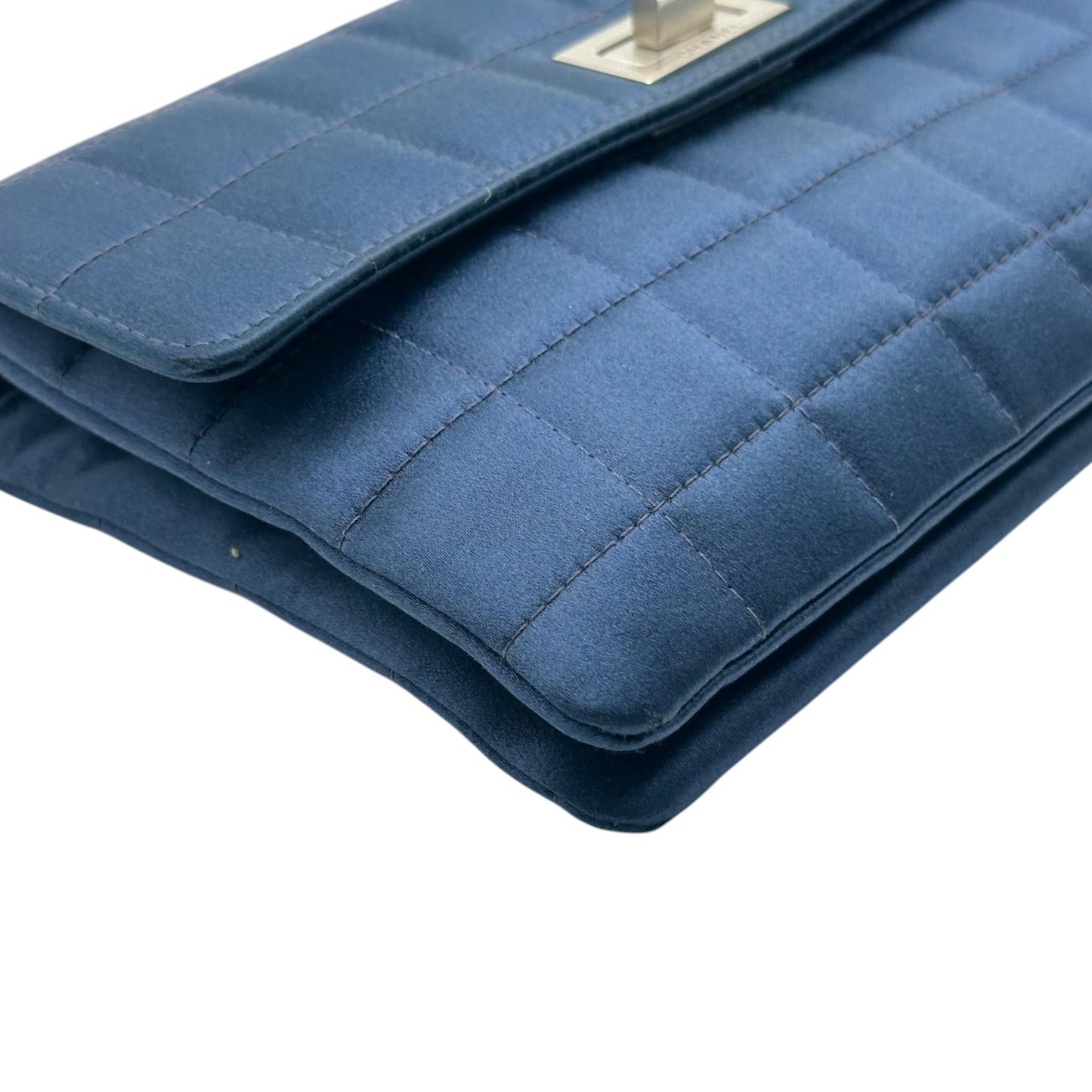 Chanel Blue Satin Quilted Wooden Handle Clutch Handbag