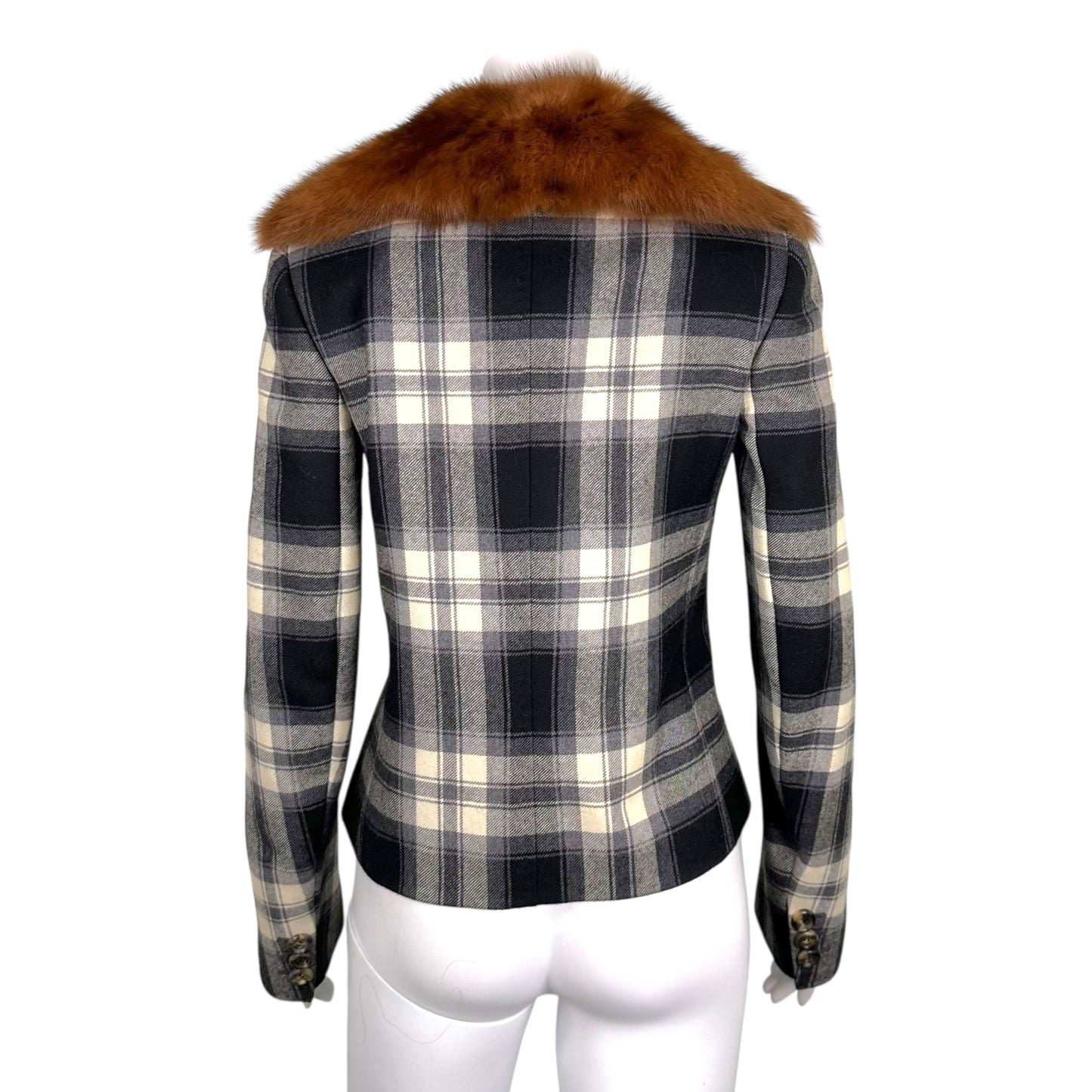 Dolce & Gabbana Wool Black & White Plaid Jacket w/ Fur Collar