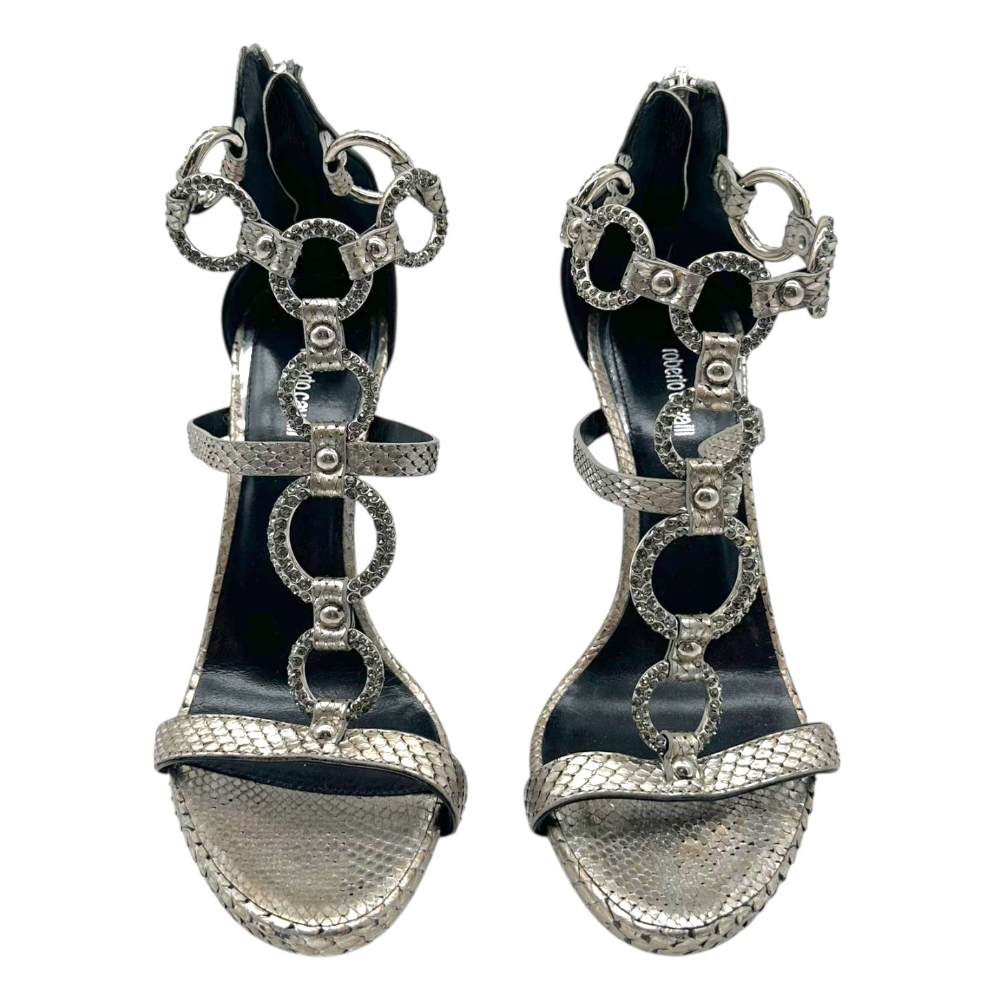 Roberto Cavalli Silver Python & Crystal Sandal Heels - Outfit Repeater