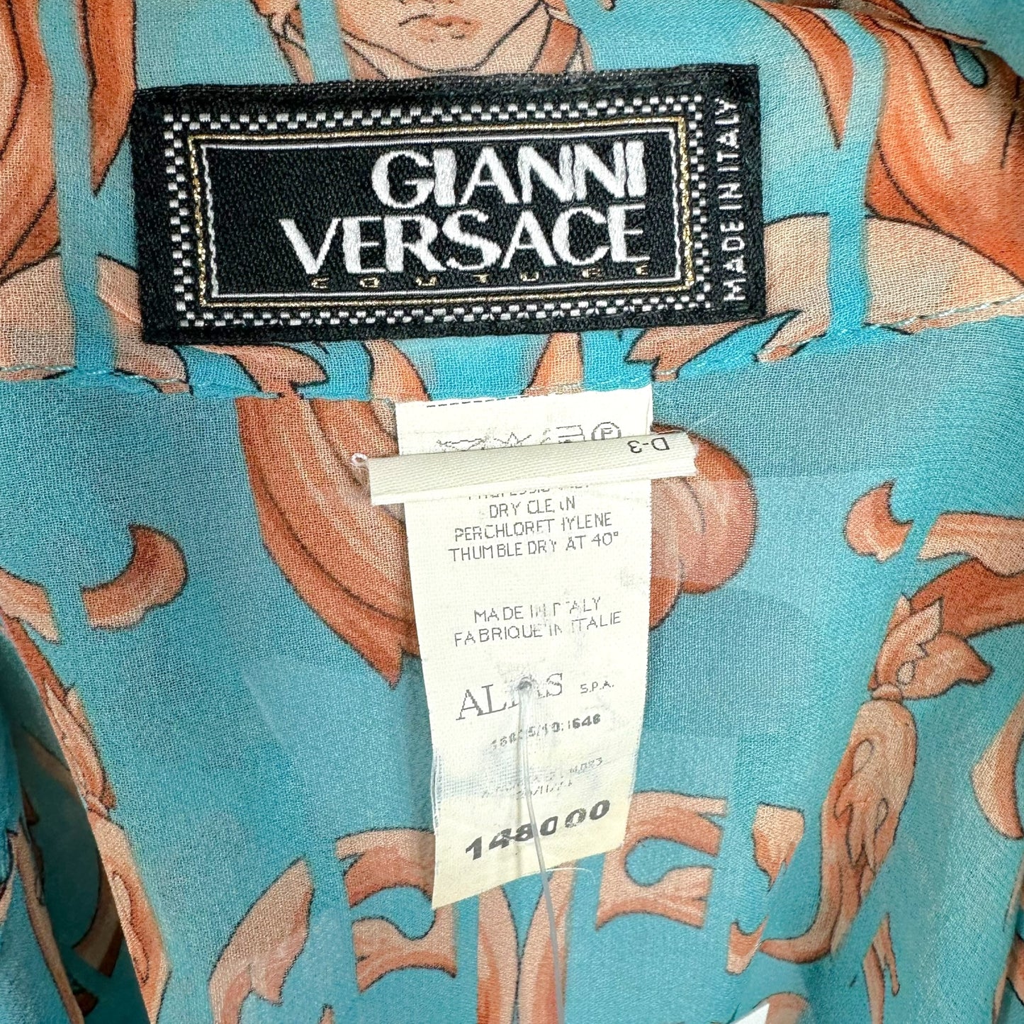 Gianni Versace Turquoise & Beige Damask Print Tie Front Sheer Silk Sleeveless Blouse