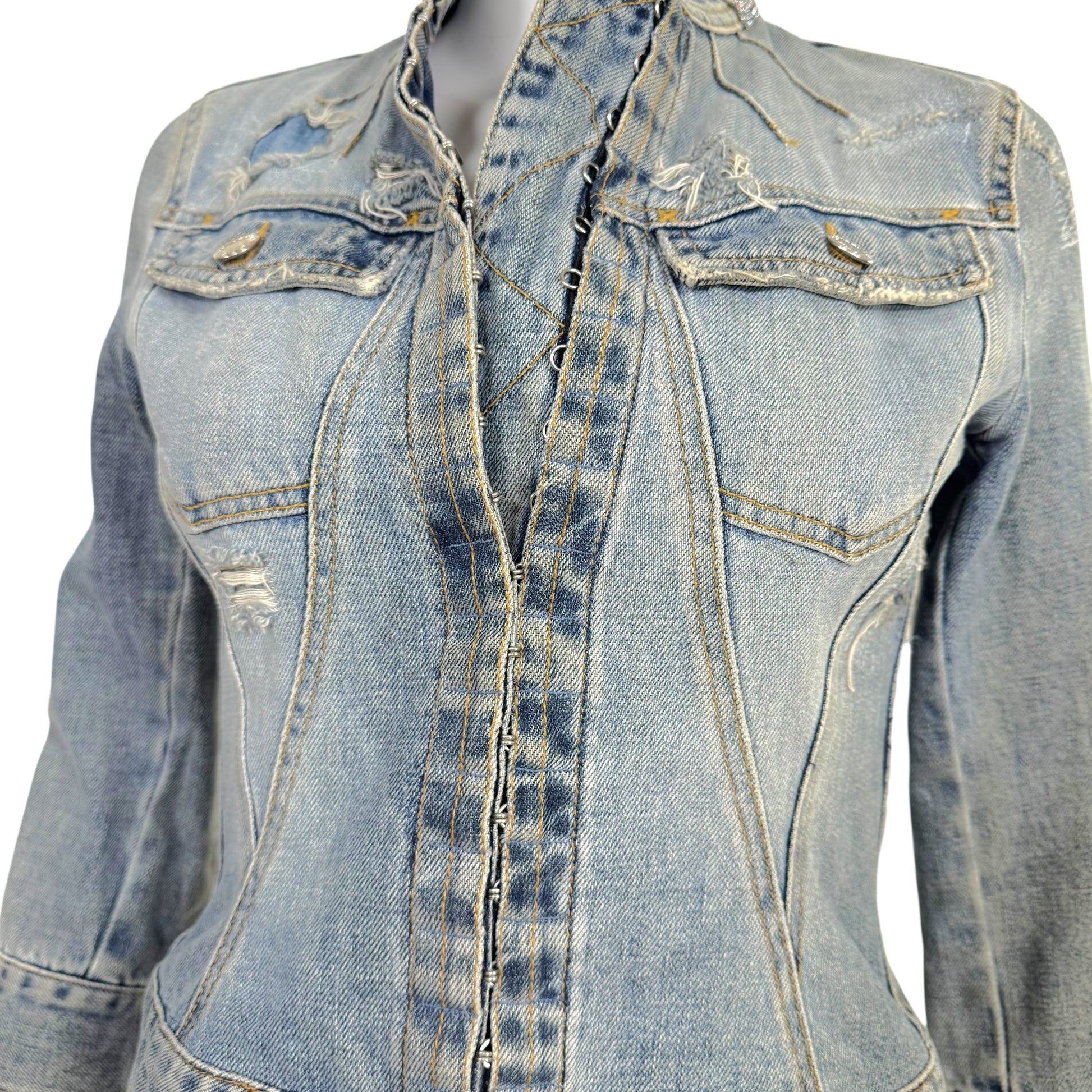 Dolce & Gabbana Denim Hook & Eye Rhinestone Logo Collar Denim Jacket - Outfit Repeater