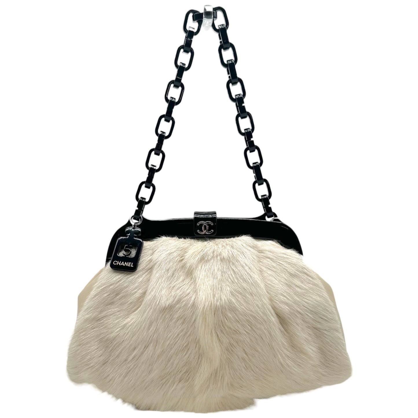 Chanel No.5 Ivory Fur & Black Resin Chain Strap Frame Shoulder Bag 2005-06
