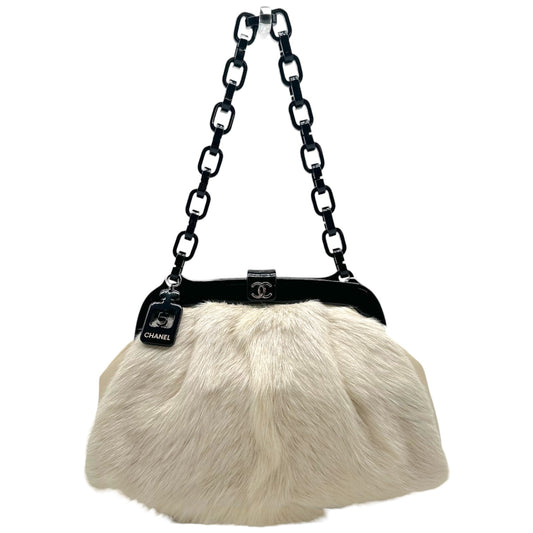 Chanel No.5 Ivory Fur Shoulder Bag With Black Resin Strap