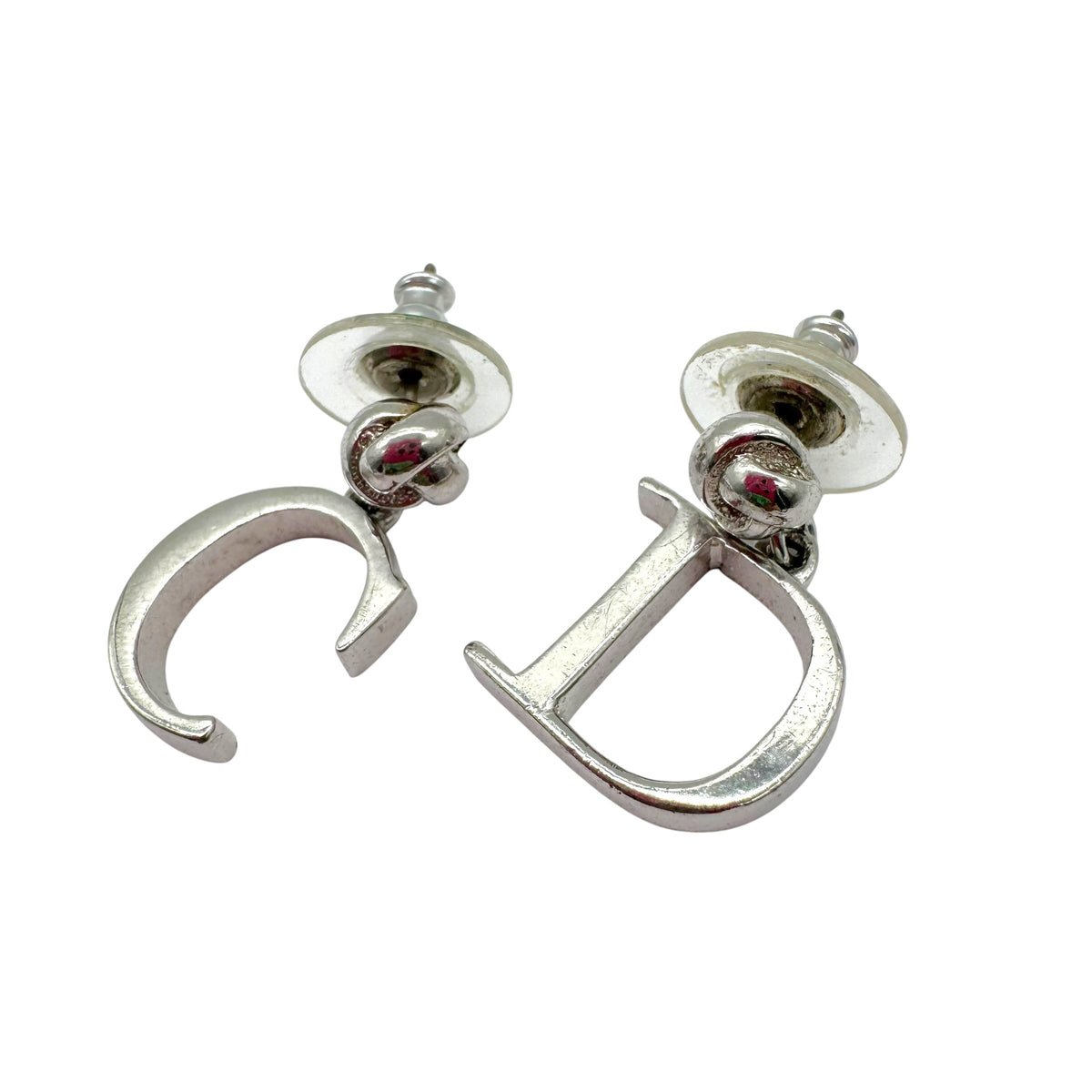 Christian Dior Silver Logo Dangly Stud Earrings