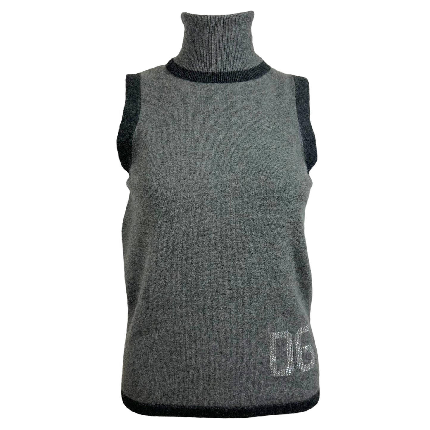 Dolce & Gabbana Gray Cashmere Crystal Logo Sleeveless Turtleneck