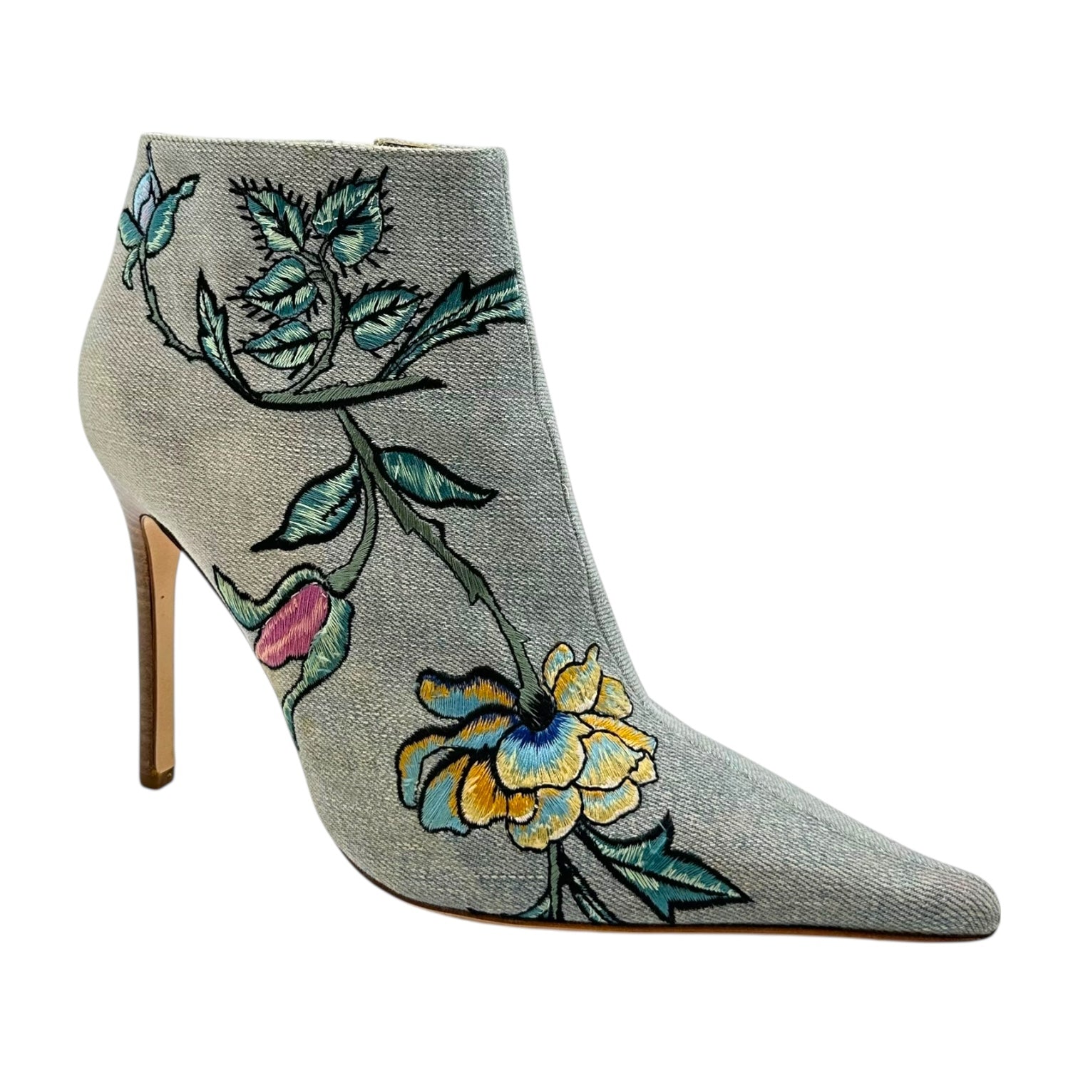 Roberto Cavalli Denim Floral Embroidered Heeled Booties - Outfit Repeater