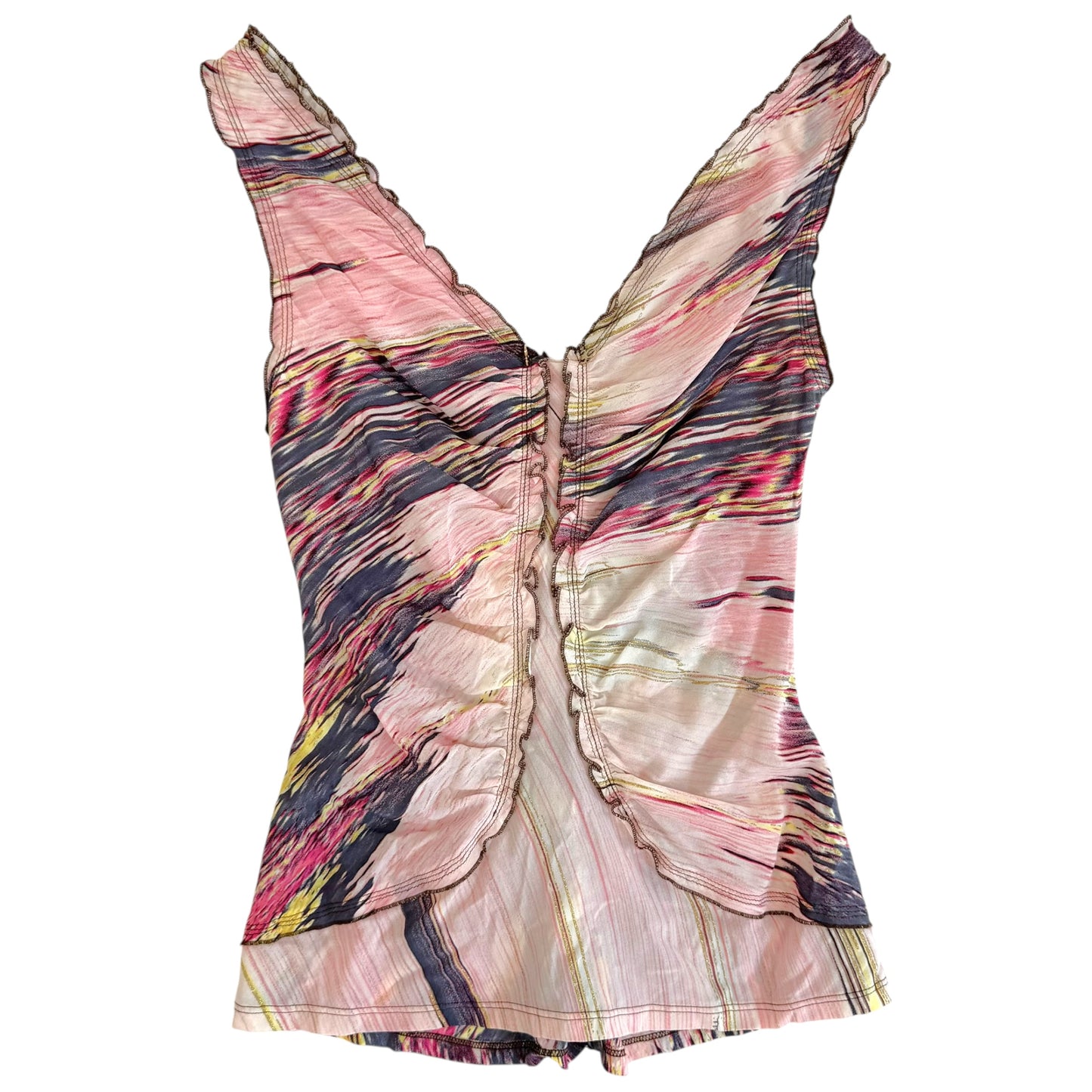 Roberto Cavalli 2003 Pink Multi Feather Print Lace Up Silk Tank & Capri Pants Set