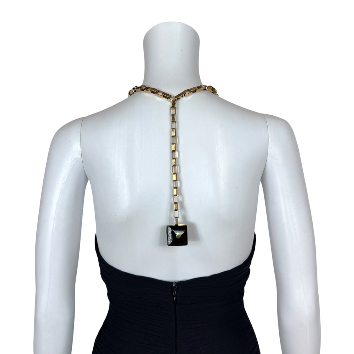 Dsquared2 Black Ruched Halter Mini Dress with Gold Chain