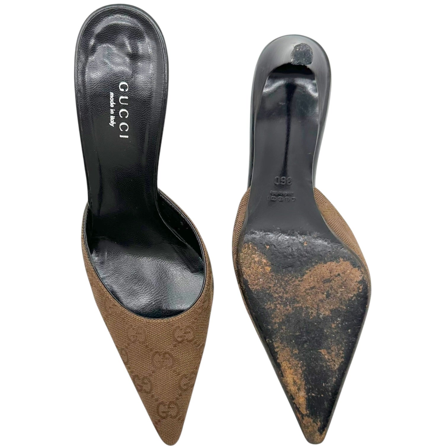 Gucci Tan Monogram Pointed Toe Kitten Heel Mules