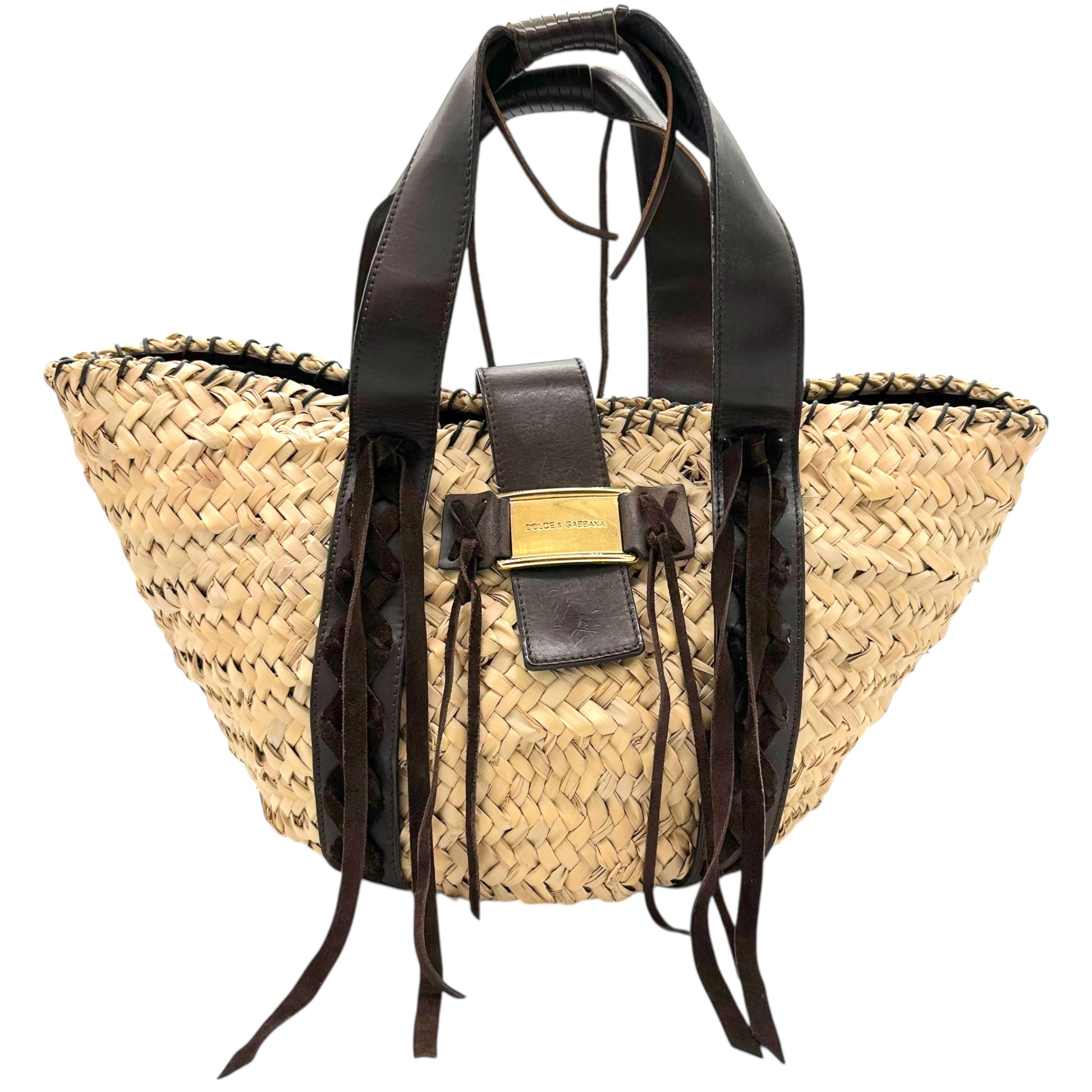 Dolce & Gabbana Brown Leather Trim Raffia Beach Tote Bag - Outfit Repeater