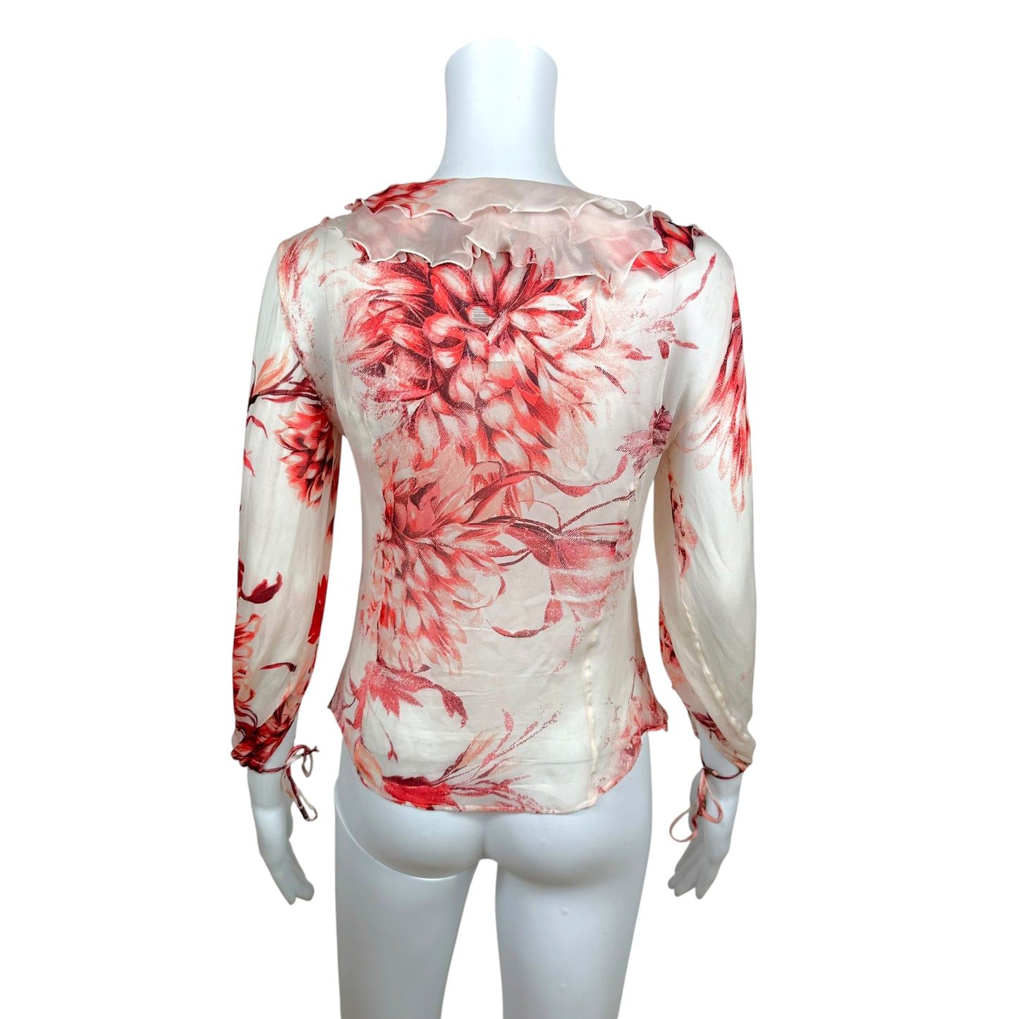 Roberto Cavalli 2002 Pink & White Floral Sheer Silk Ruffle Trim Blouse