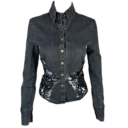 Versace Jeans Dark Wash Lace Cut-Out Button Up Top