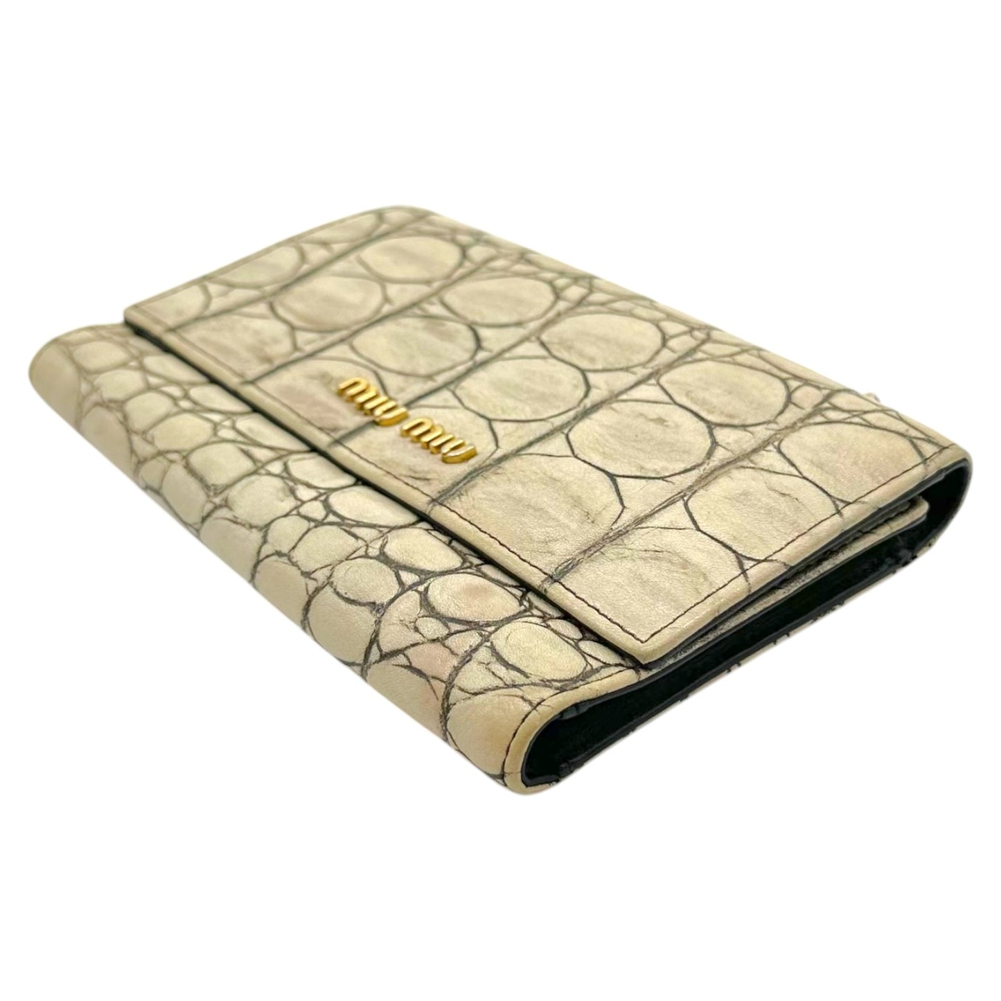 Miu Miu Ivory Faux Croc Tri-Fold Wallet