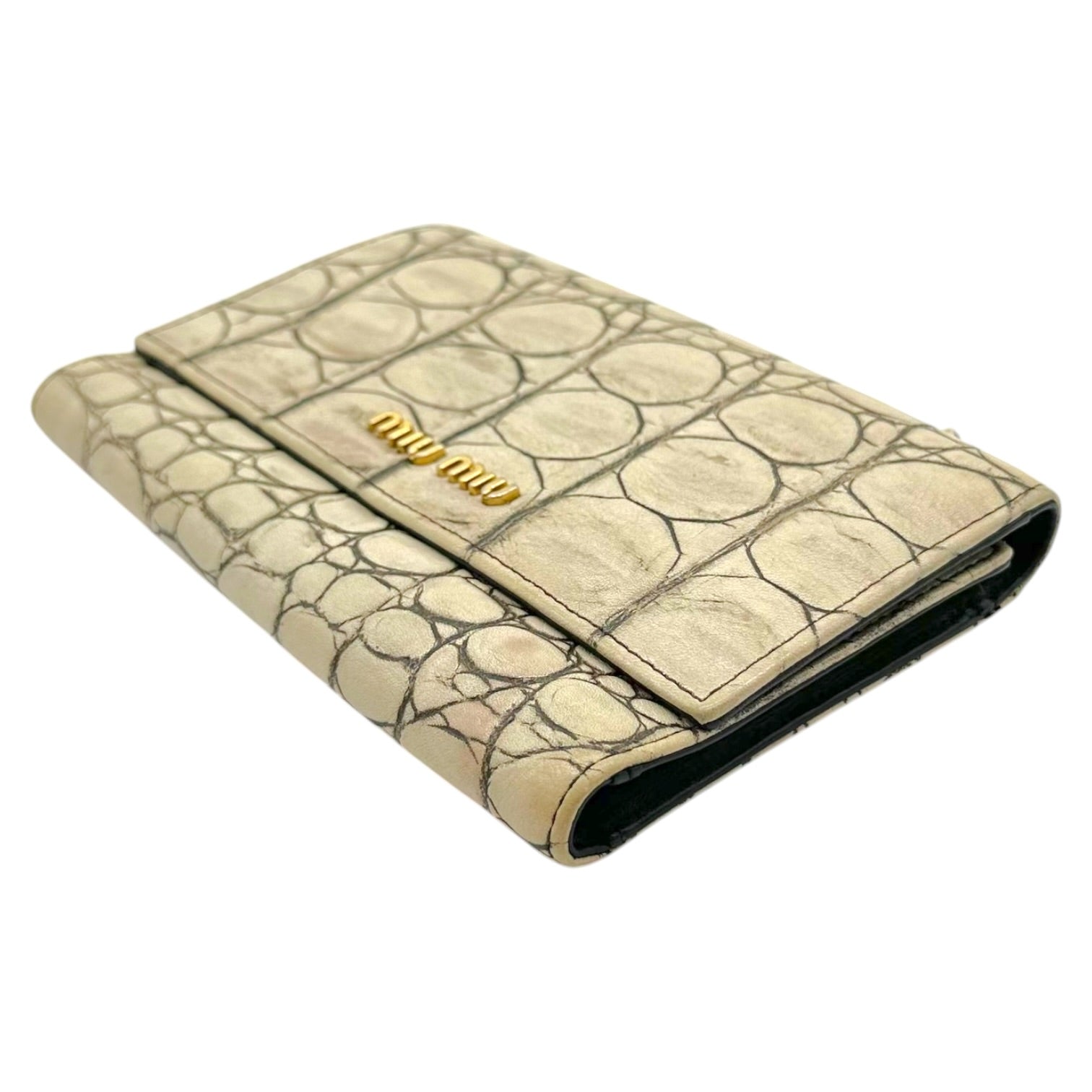 Miu Miu Ivory Faux Croc Tri-Fold Wallet