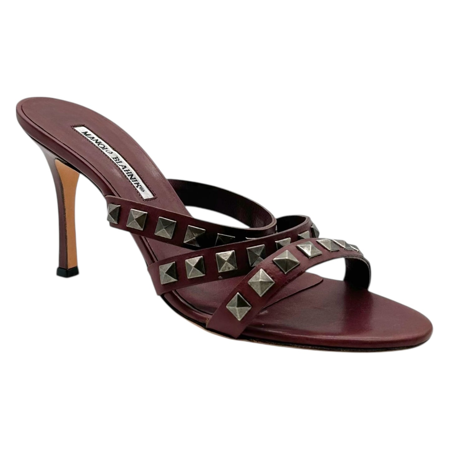 Manolo Blahnik Brown Leather Studded Mule Heels - Outfit Repeater