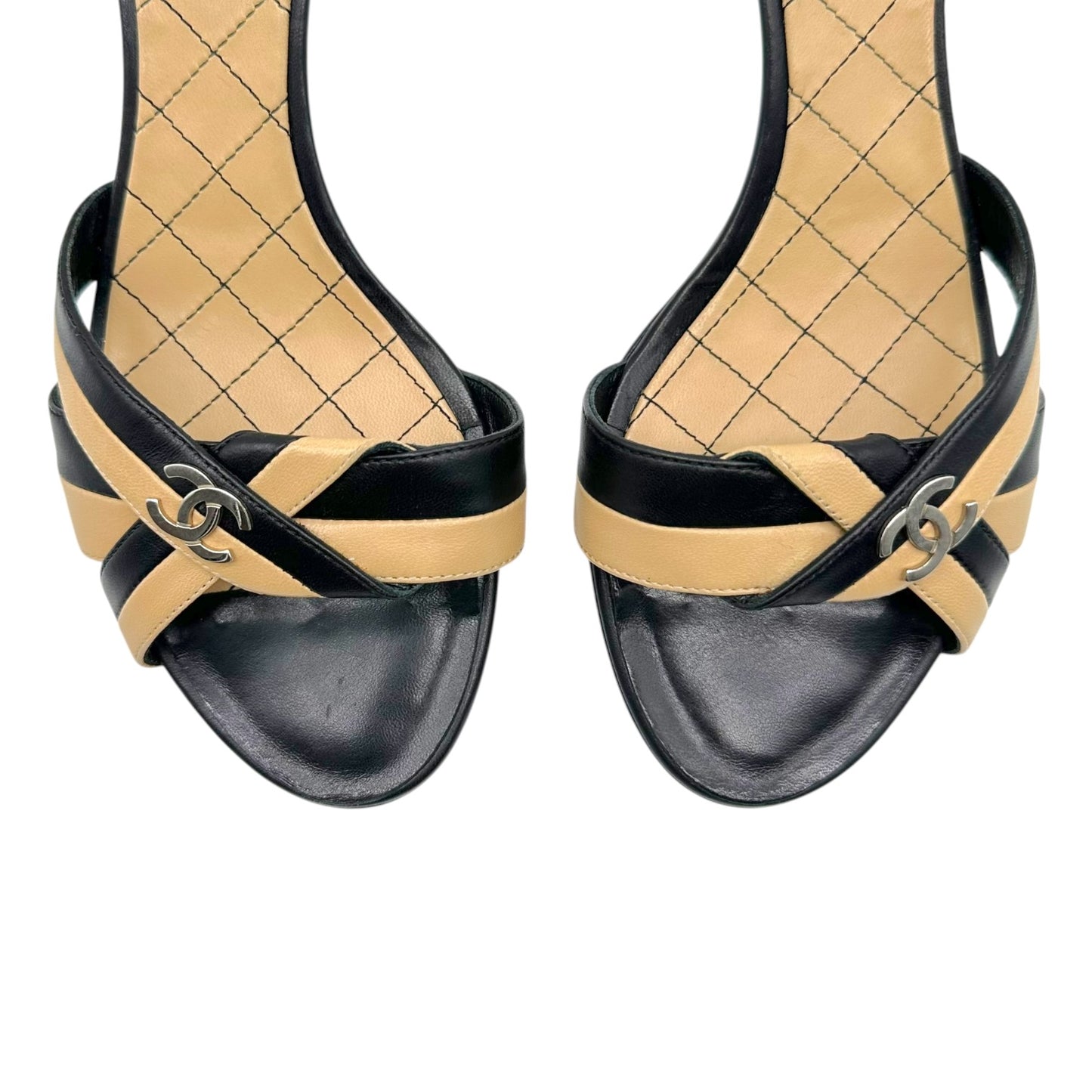 Chanel Black & Tan Striped Leather Kitten Heel Mule Sandals