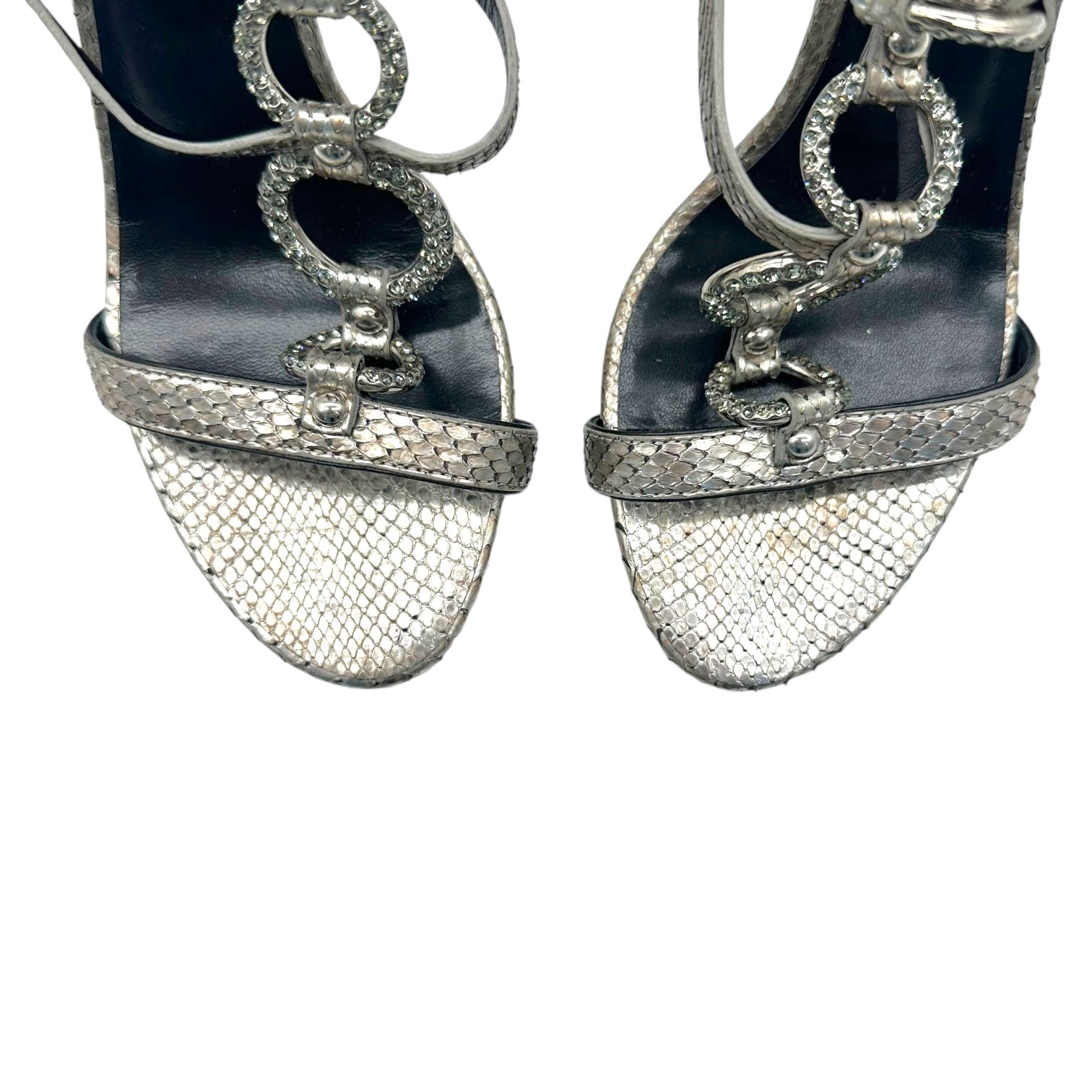 Roberto Cavalli Silver Python & Crystal Sandal Heels - Outfit Repeater