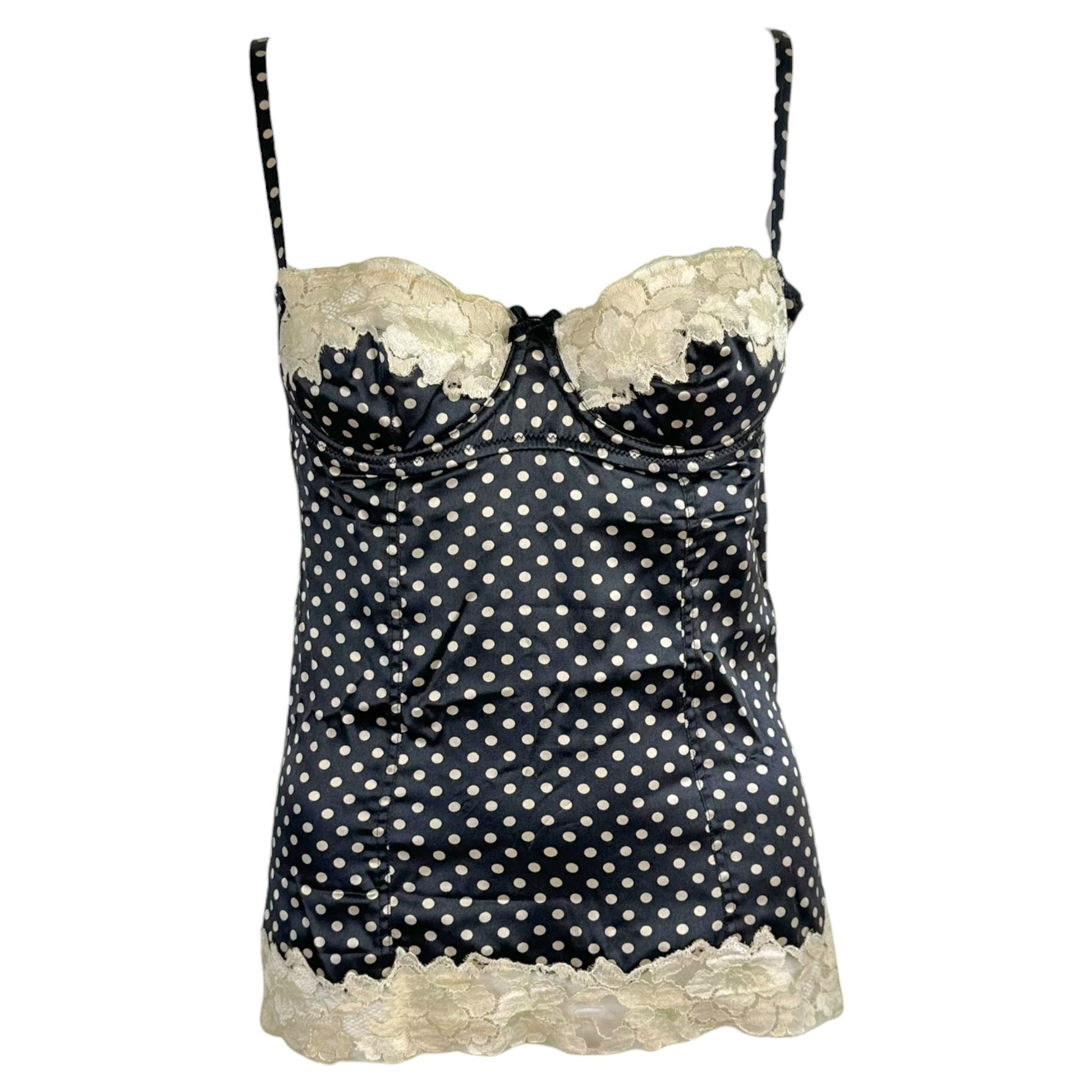 Dolce & Gabbana Black Ivory Silk Lace Polka Dot Bustier Cami