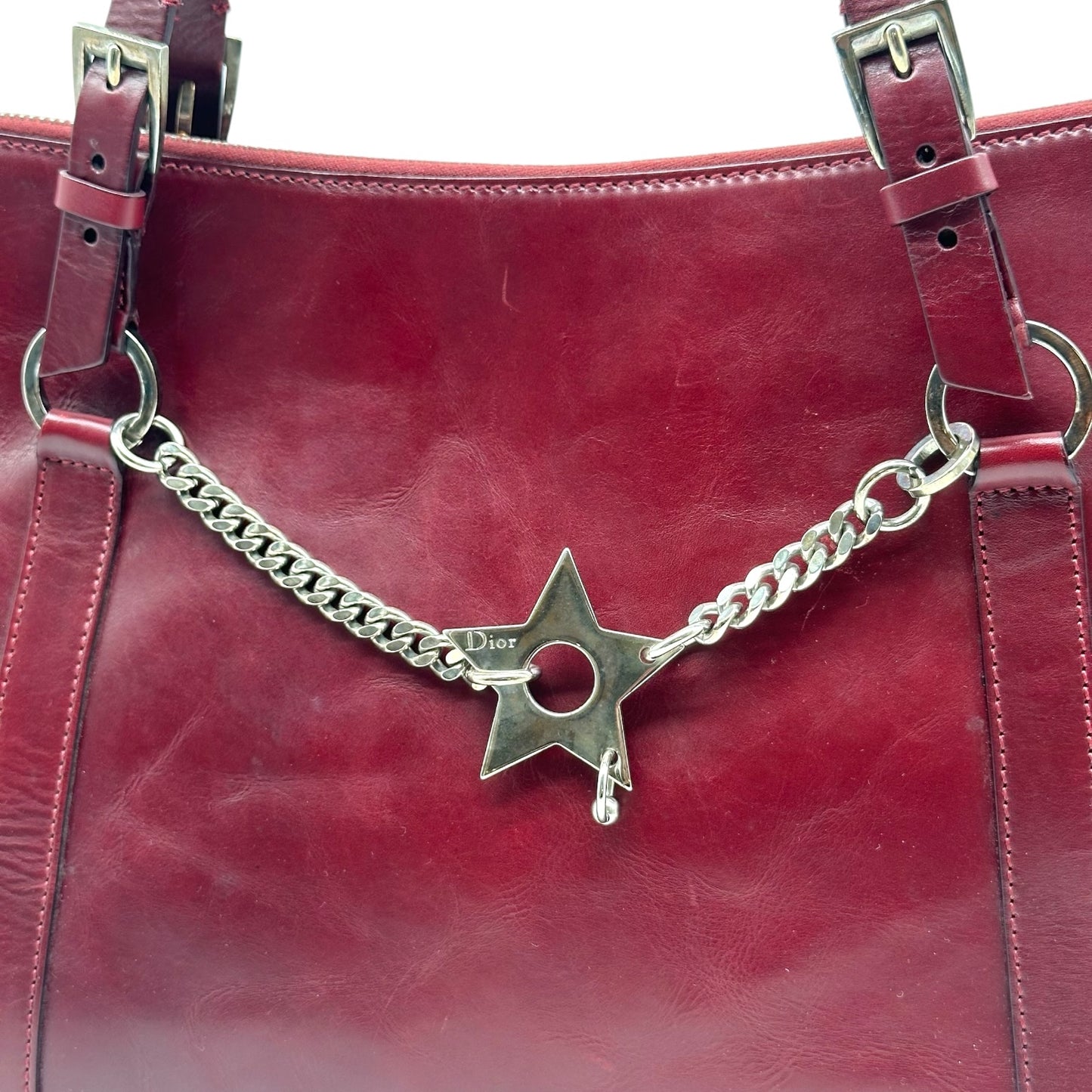 Christian Dior Burgundy Leather Shoulder Bag with Silver Hardware