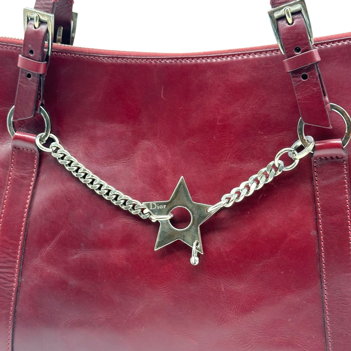 Christian Dior Burgundy Leather Shoulder Bag with Silver Hardware