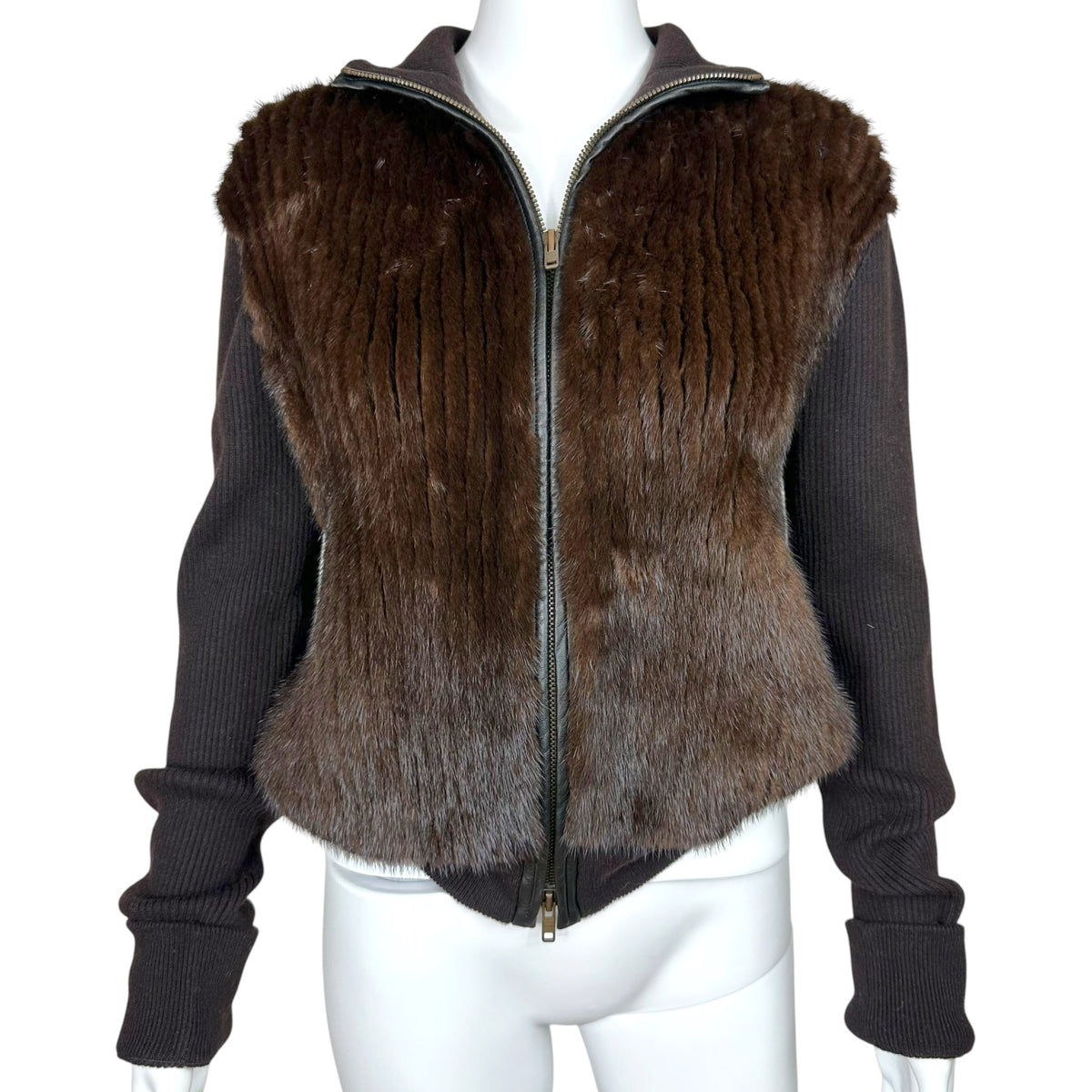 Celine Brown Cashmere Mink Fur Zip-Up Sweater