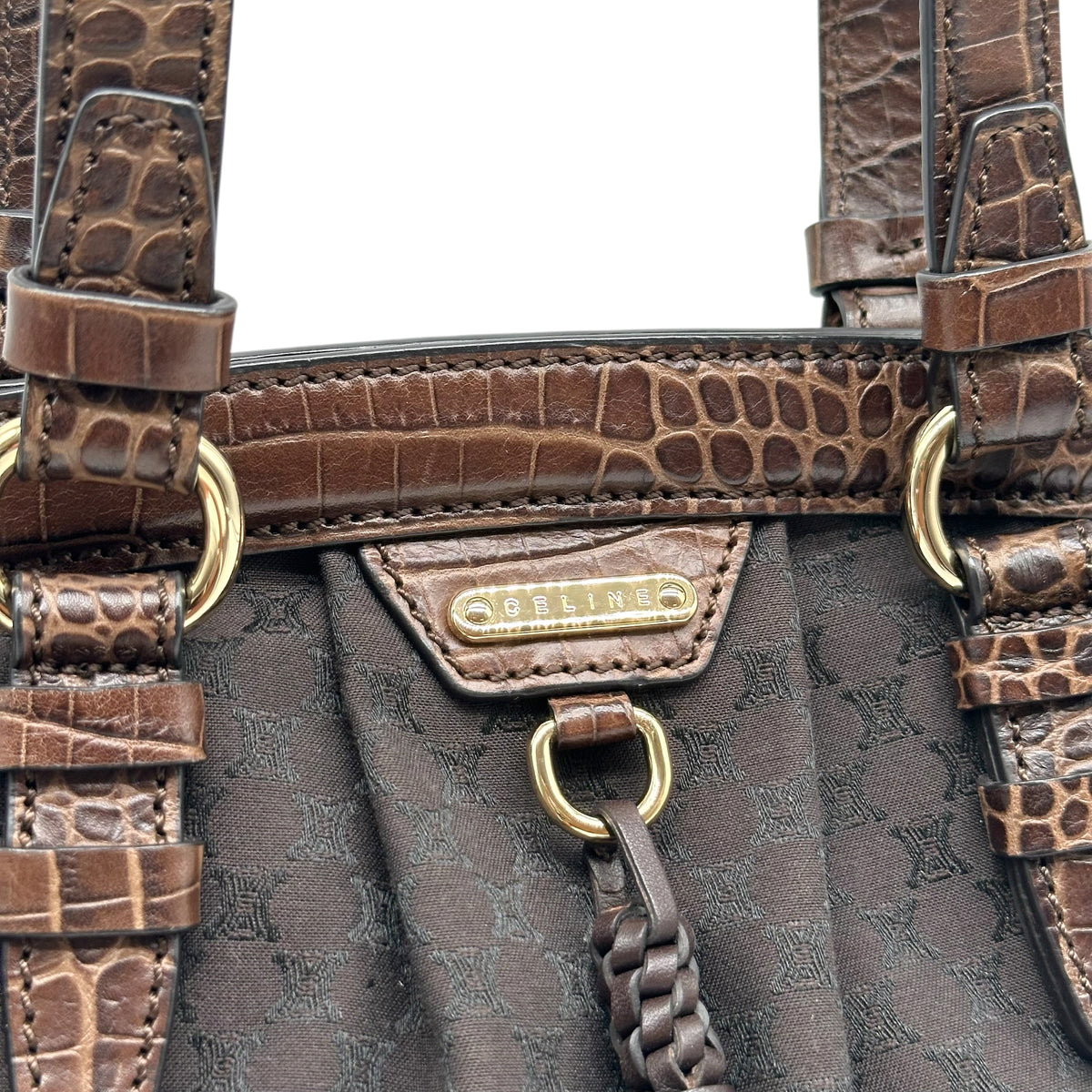 Celine Brown Triomphe Monogram Croc Leather Shoulder Bag