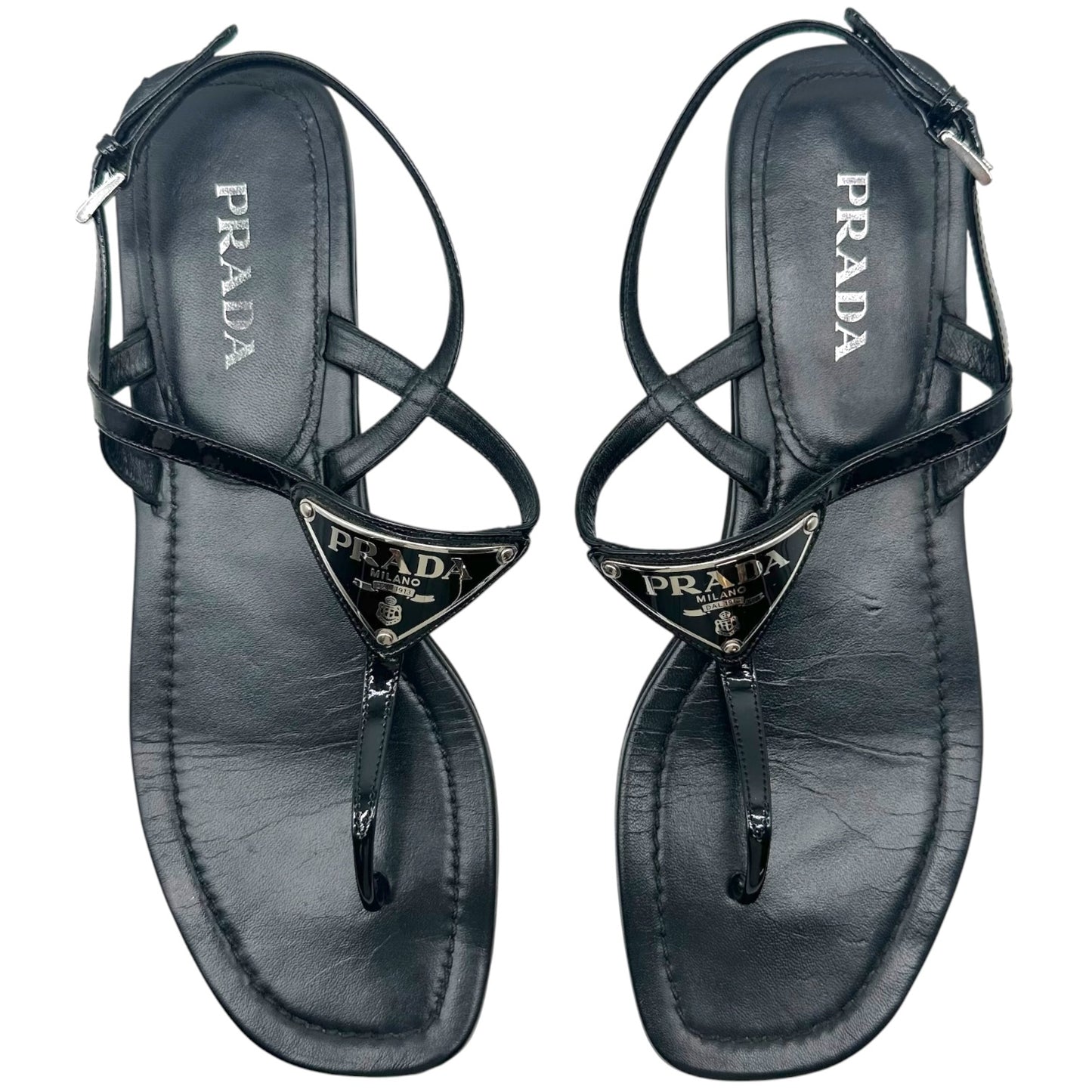 Prada Black Patent Leather & Triangle Logo Flat Thong Sandals