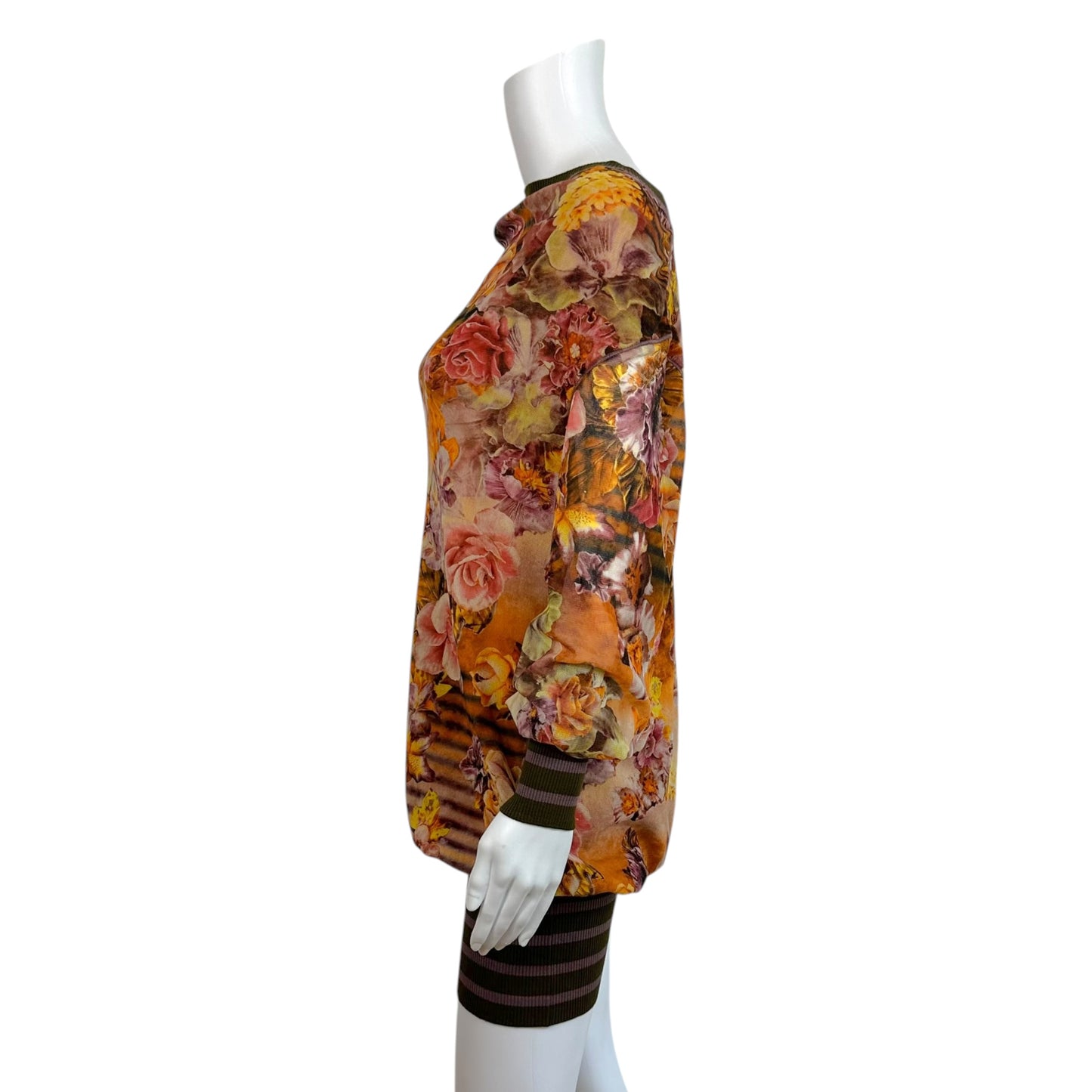 Jean Paul Gaultier Soleil Purple & Orange Floral Mesh Striped Trim Mini Longsleeve Dress