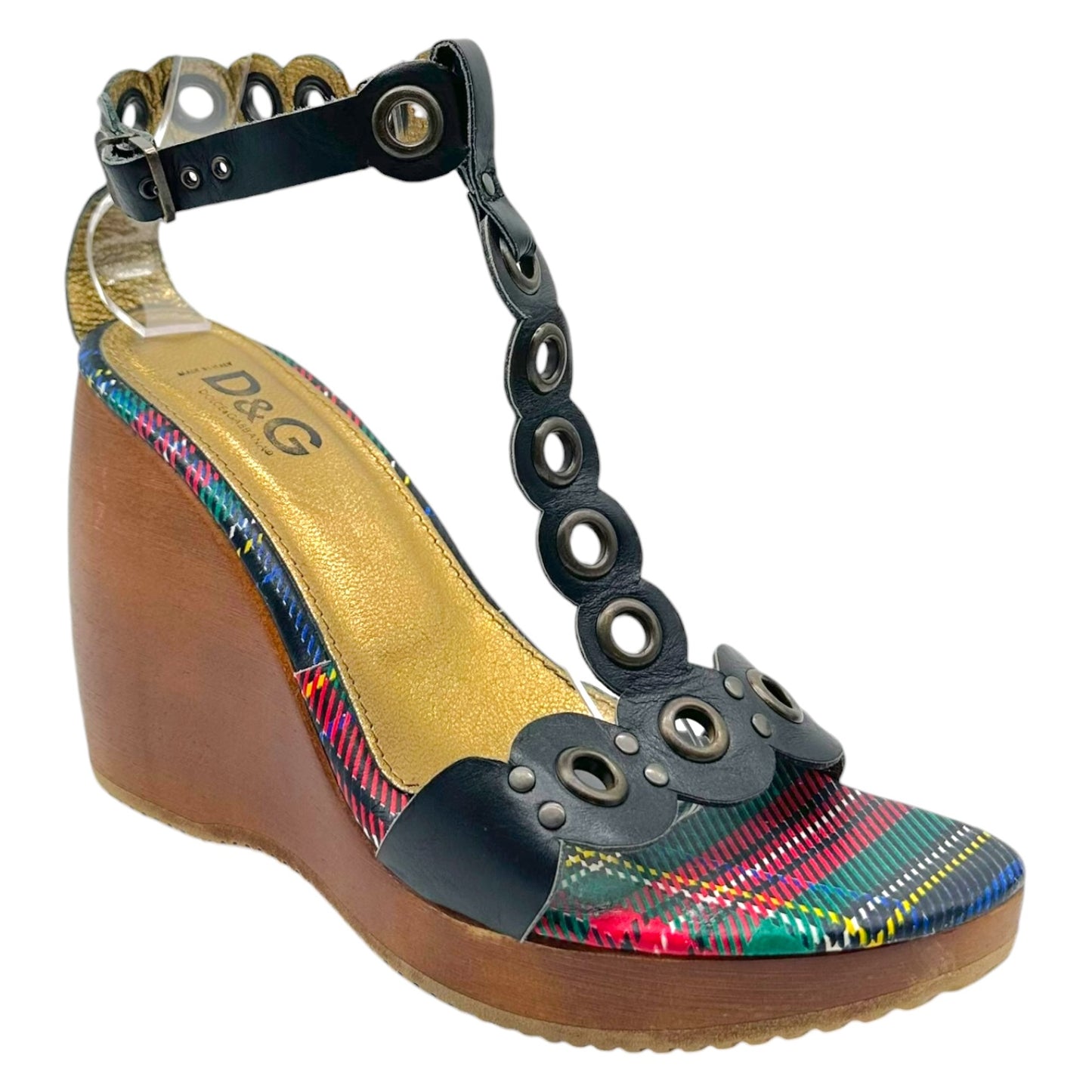 D&G Wooden Platform Heels Plaid Red Blue Green