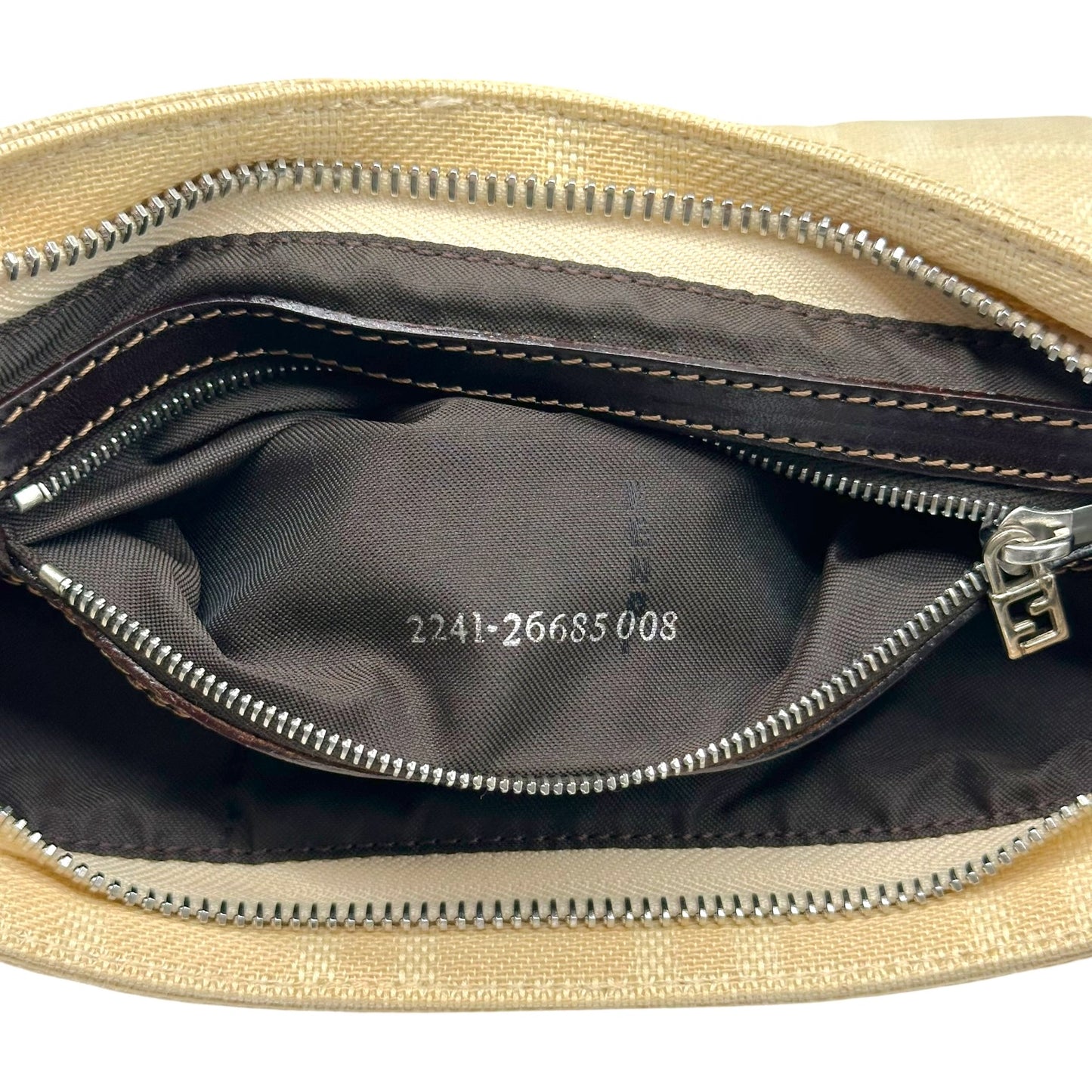 Fendi Ivory Zucca Monogram & Brown Leather Crossbody Baguette Bag