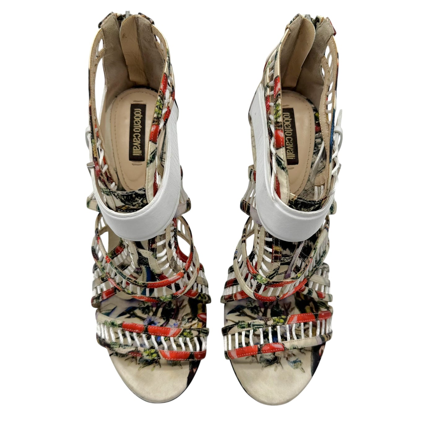 Roberto Cavalli Multicolor Printed Silk Strappy Stiletto Sandals