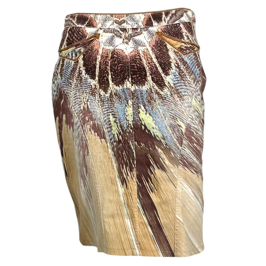 Roberto Cavalli S/S 2004 Feather Print Denim Midi Skirt