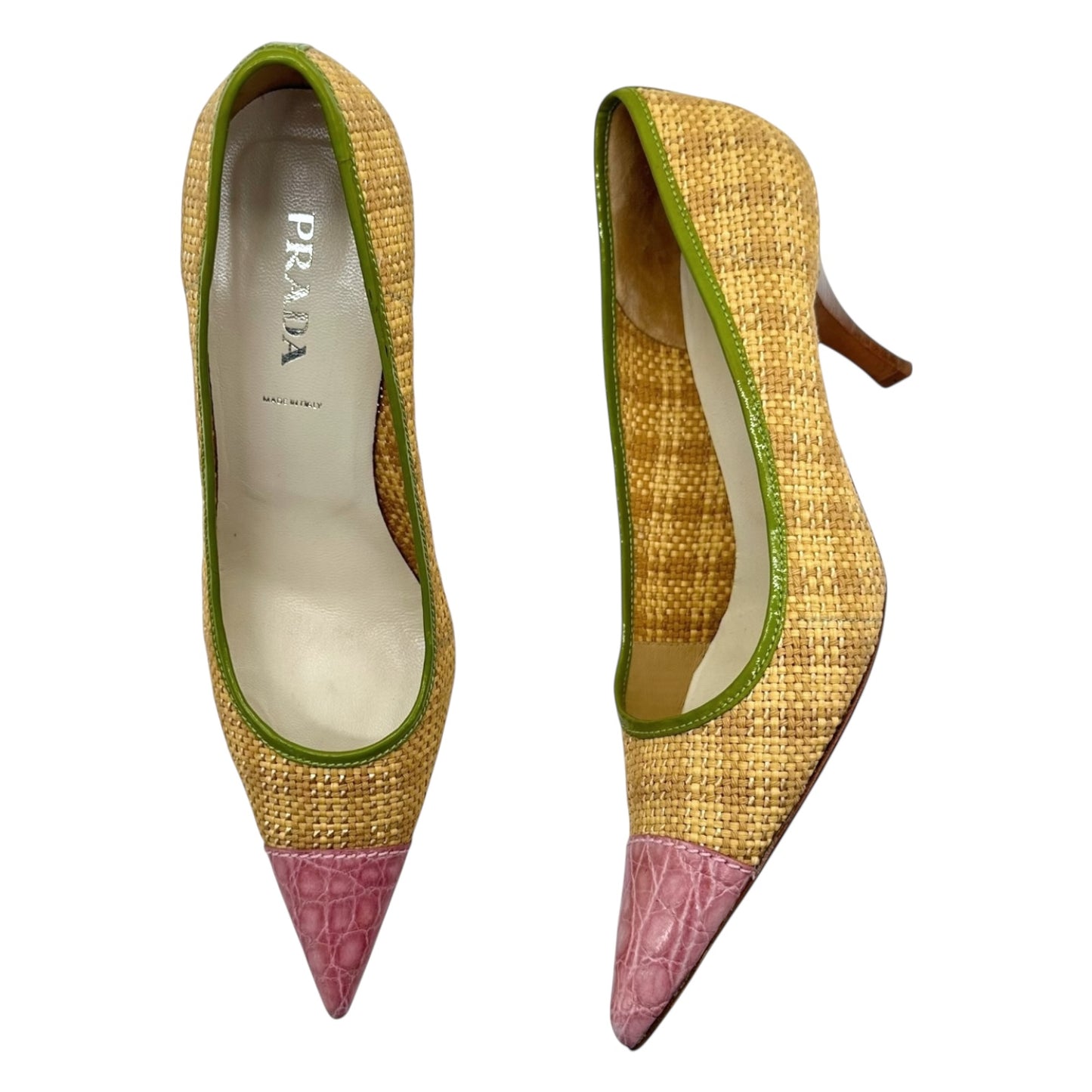 Prada Pink & Green Raffia Pointed Toe Heels - Outfit Repeater