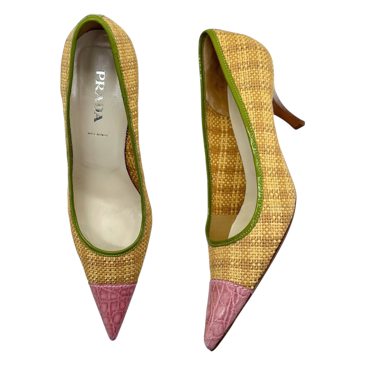 Prada Pink & Green Raffia Pointed Toe Heels - Outfit Repeater