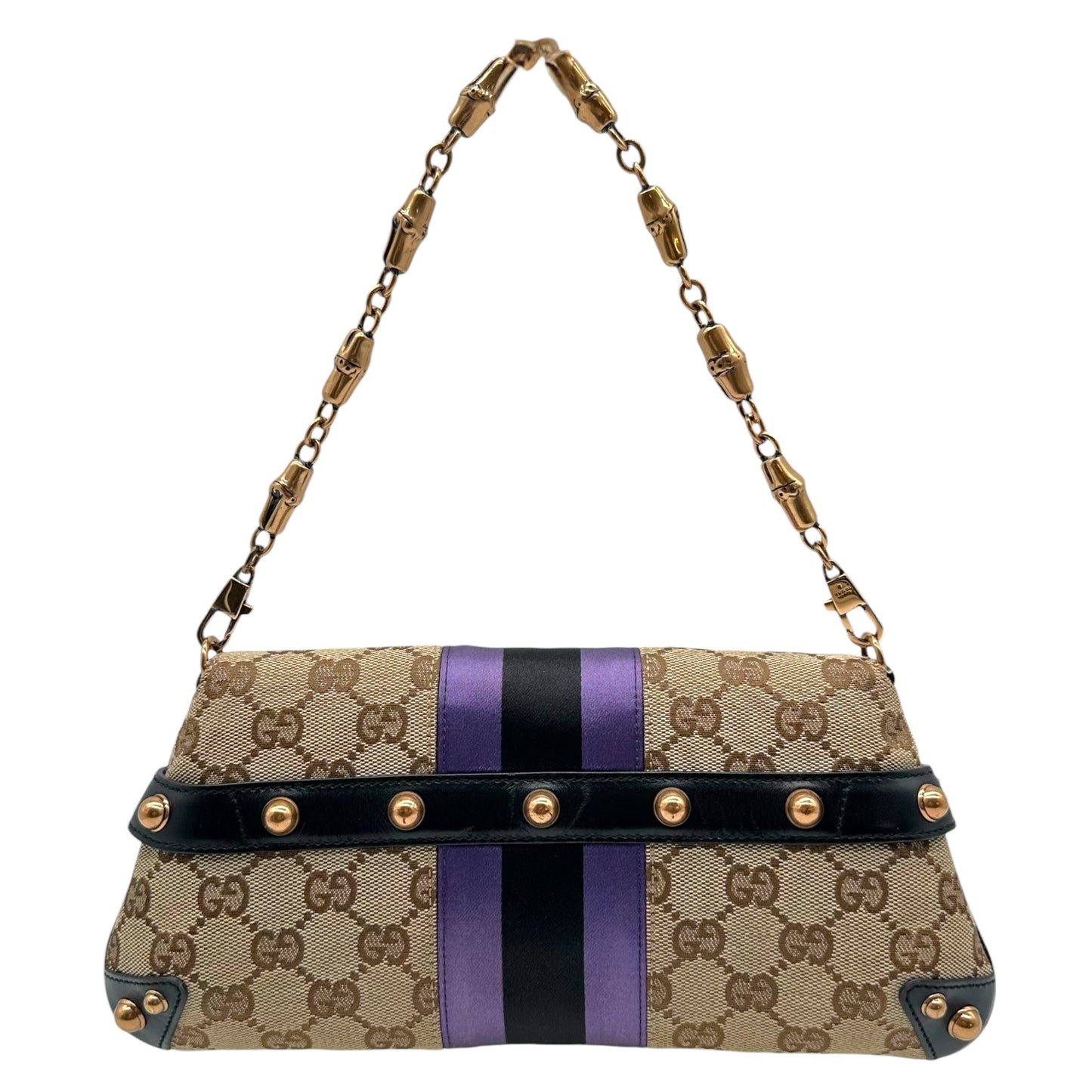 Gucci by Tom Ford 2004 Tan Monogram & Purple Silk Horsebit Bag RARE