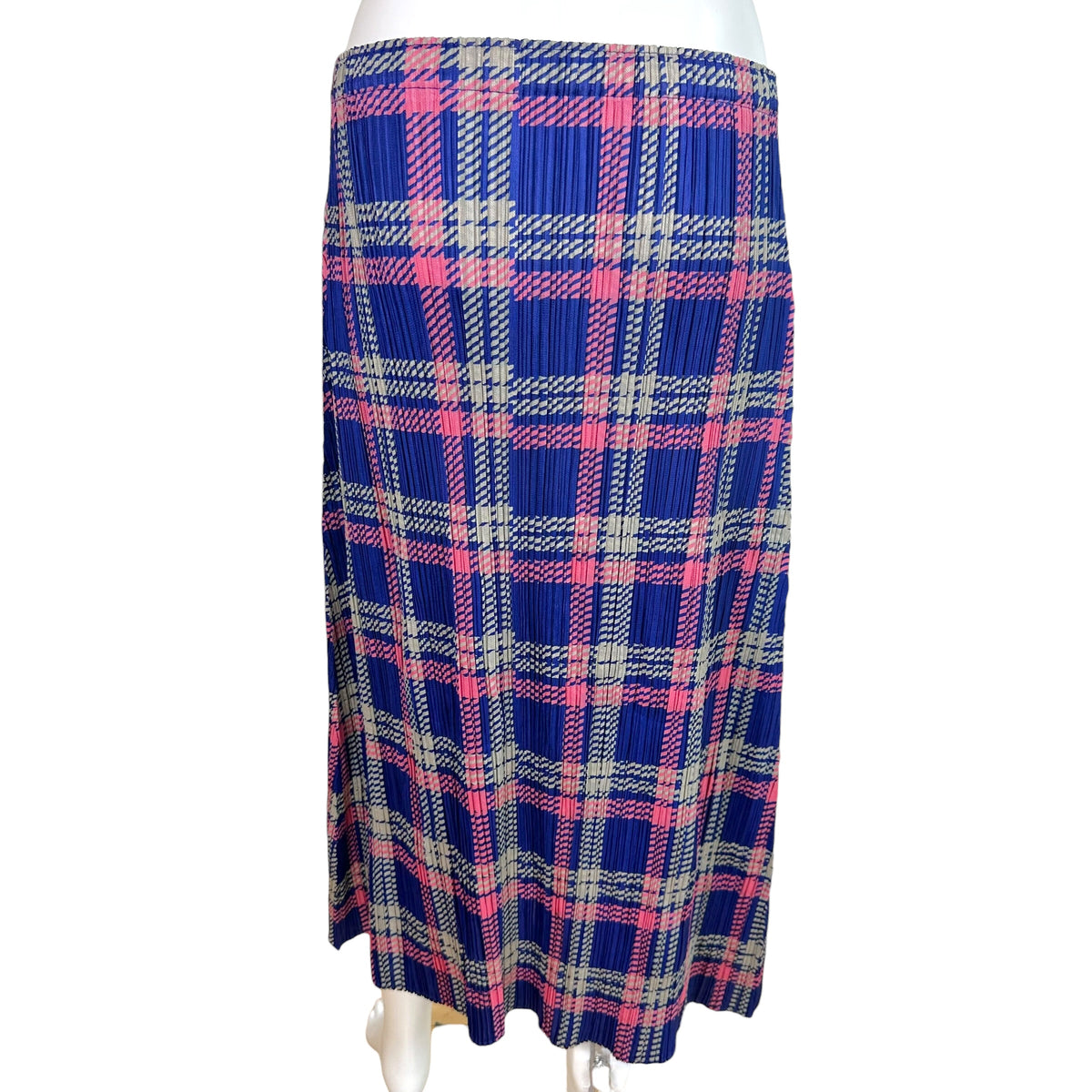 Issey Miyake Pleats Please Blue Pink Plaid Midi Skirt