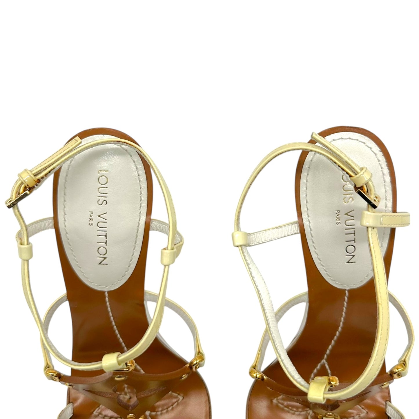 Louis Vuitton Wedge Sandal Heels Ivory Tan Logo Motif