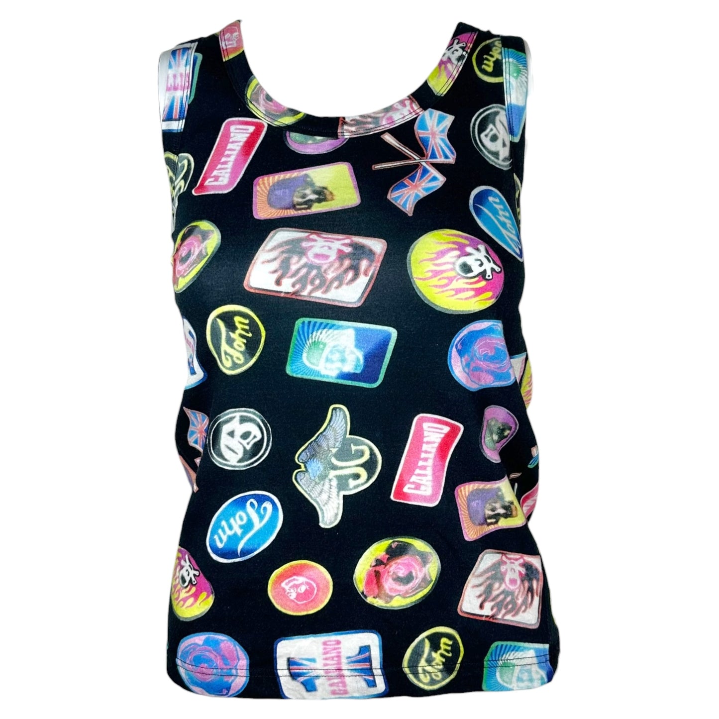 John Galliano Tank Top Black Multicolor Logo Print XS