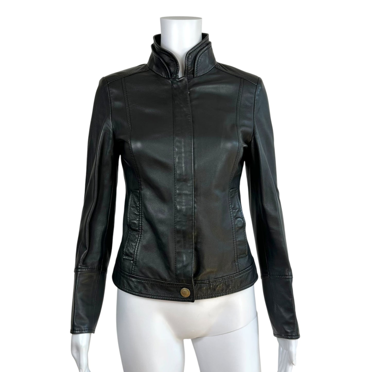 Dolce & Gabbana Black Logo Button Cuff Leather Jacket