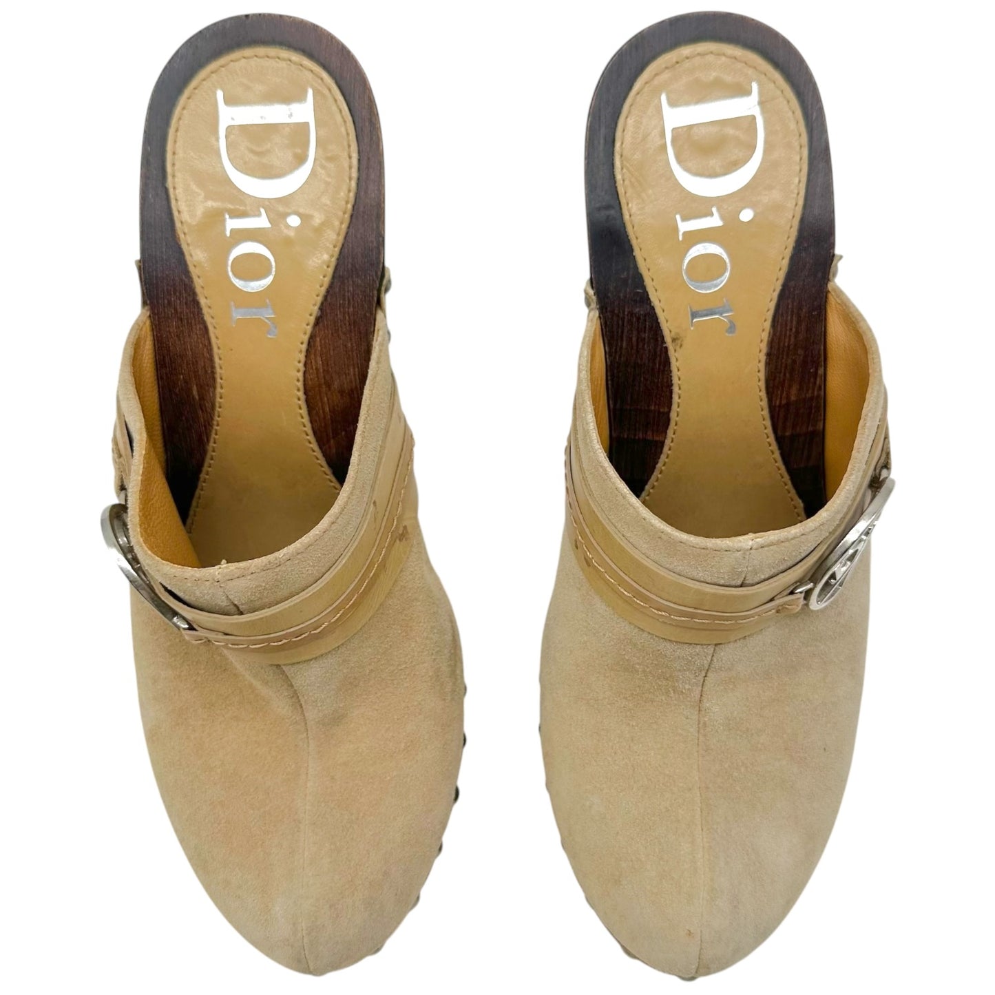Christian Dior Tan Suede Mule Clogs With Wooden Heel