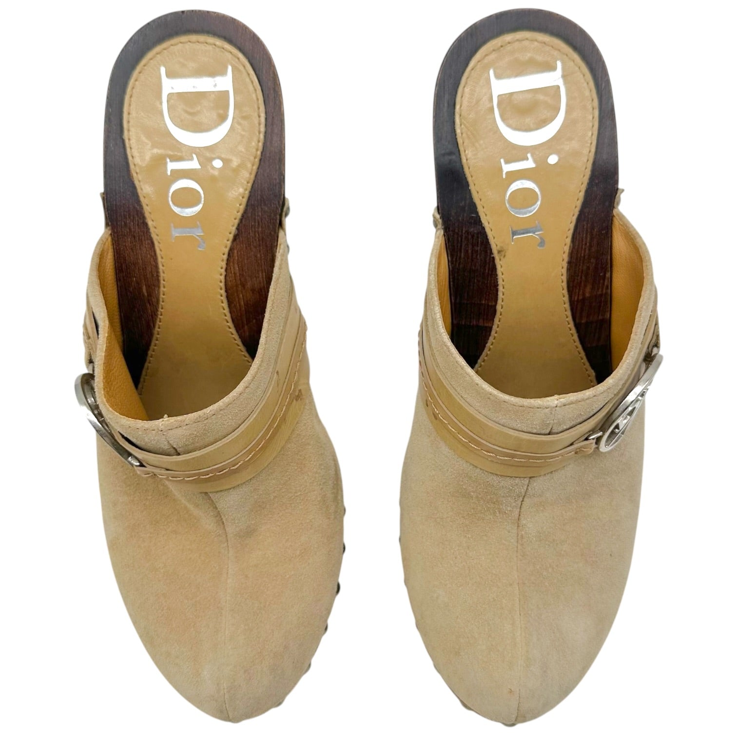 Christian Dior Tan Suede Mule Clogs With Wooden Heel