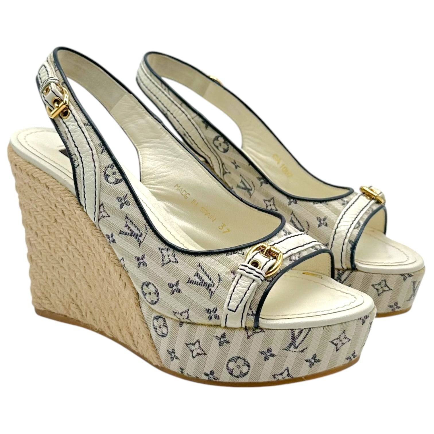 Louis Vuitton Navy Blue Striped Slingback Wedge Heels